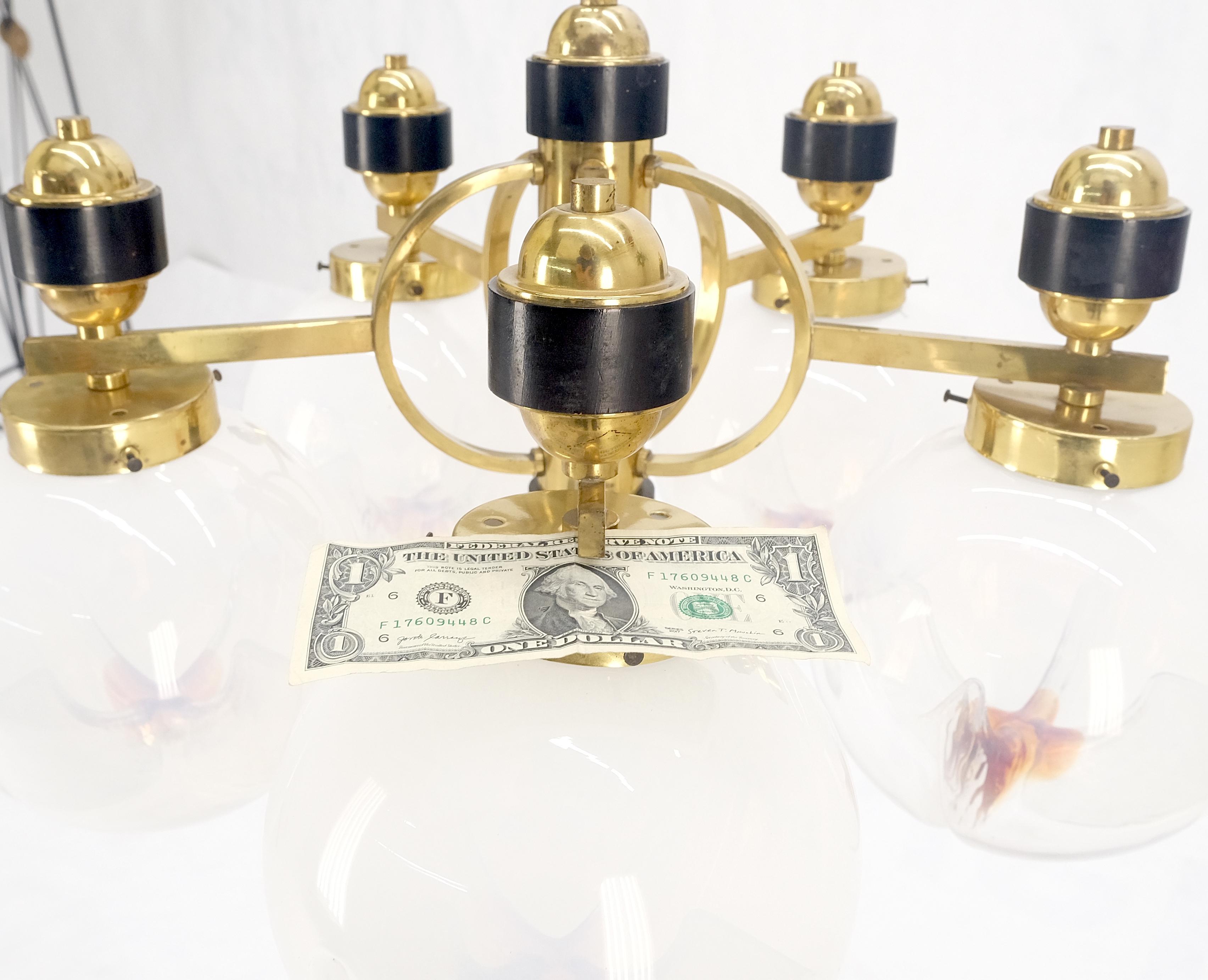Mid Century Milk Amber Glass 4 Globe Shades Brass Light Fixture Chandelier MINT For Sale 2