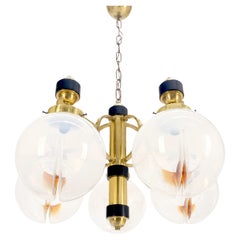 Mid Century Milk Amber Glass 4 Globe Shades Brass Light Fixture Chandelier MINT