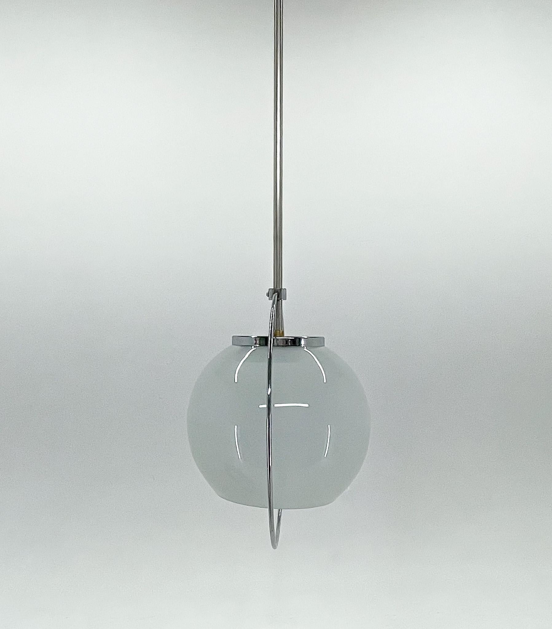 Czech Mid-century Milk Glass & Chrome Pendant Light For Sale