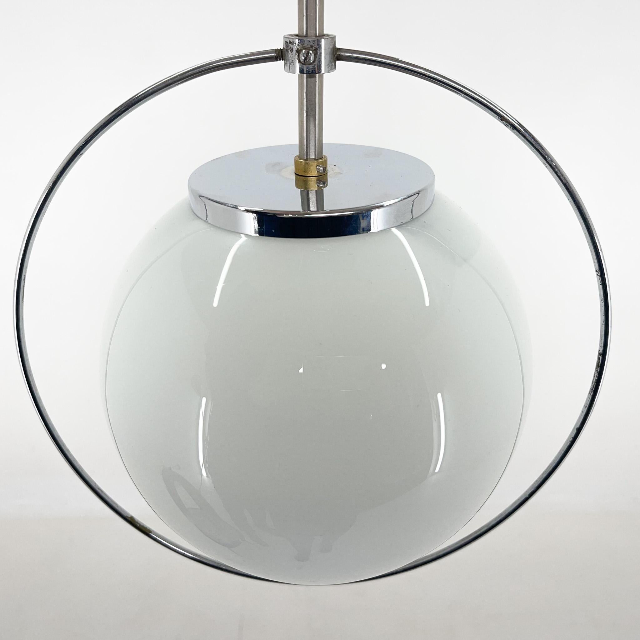 Mid-century Milk Glass & Chrome Pendant Light In Good Condition For Sale In Praha, CZ