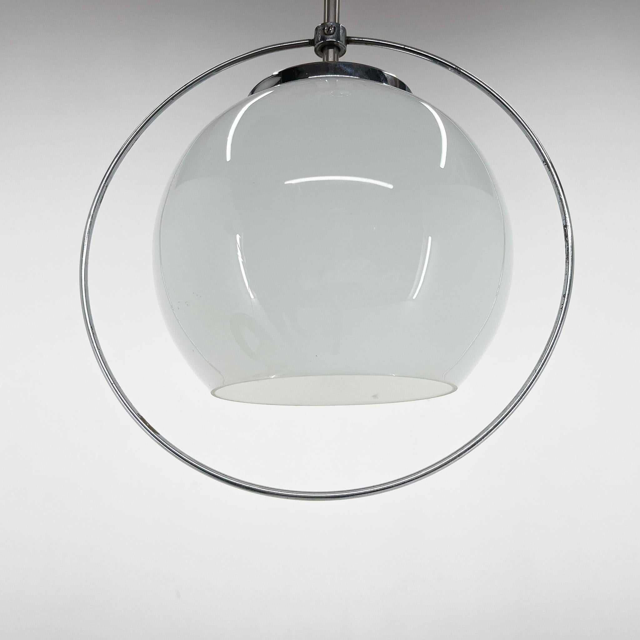 Mid-20th Century Mid-century Milk Glass & Chrome Pendant Light For Sale