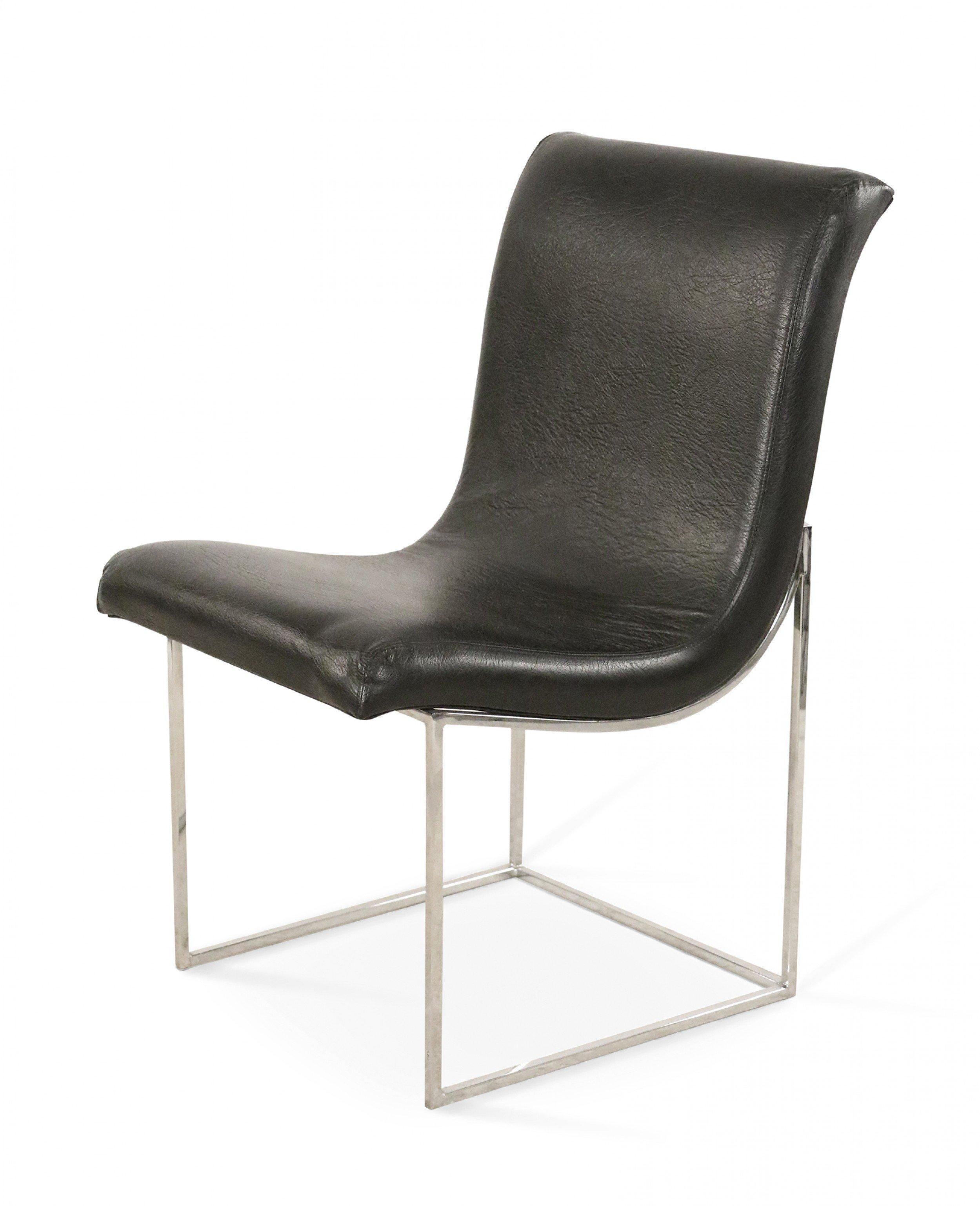 4 Ameican Mid-century black vinyl and chrome frame scoop dining chairs (MILO BAUGHMAN for THAYER COGGIN) (priced each).
      