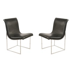 Chaises de salle à manger mi-siècle Milo Baughman chromées et en vinyle noir