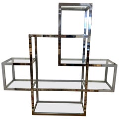 Midcentury Milo Baughman Style Chrome and Glass Large Étagère Shelving Unit