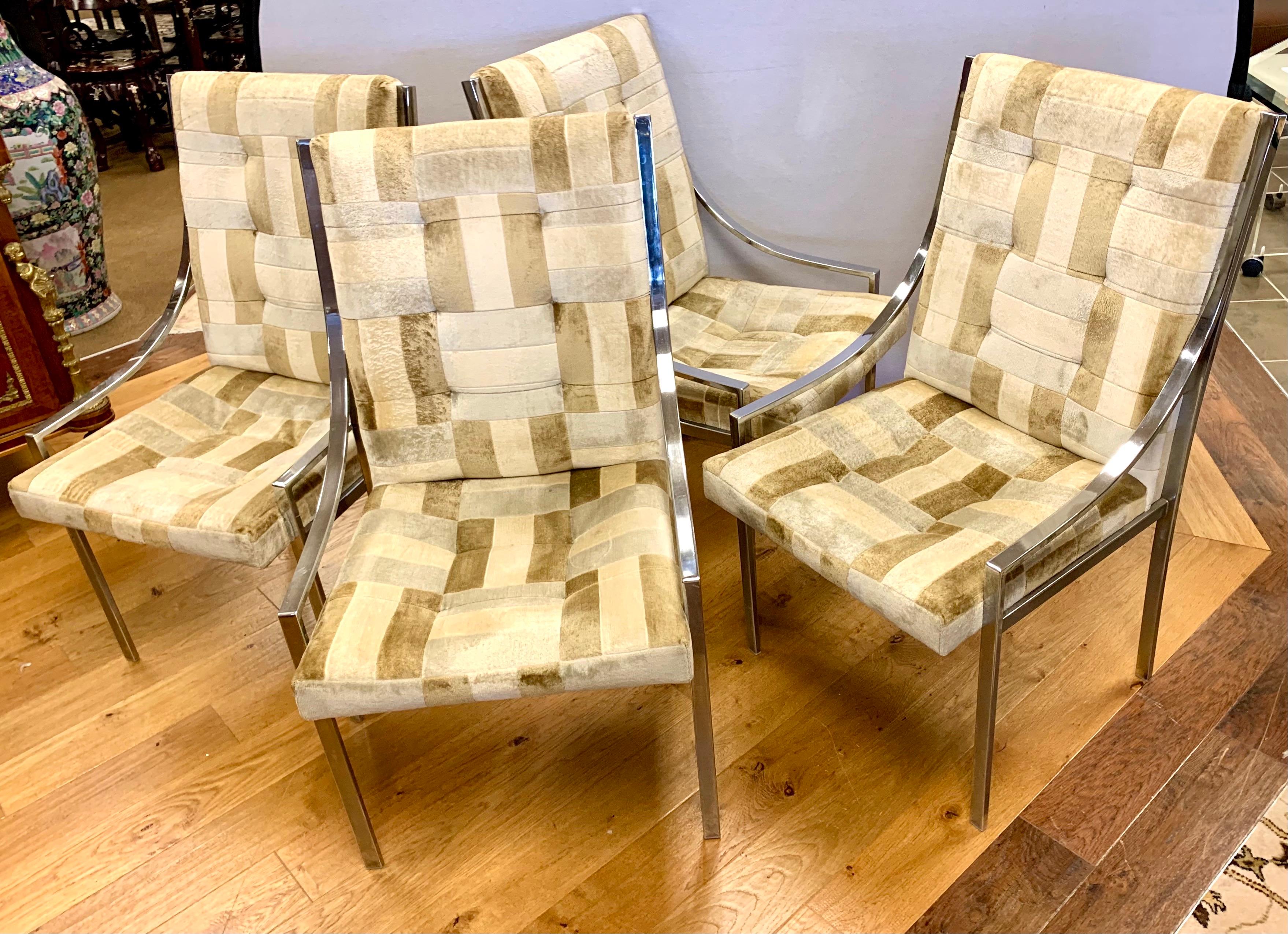 Set of 4 mid century Milo Baughman chrome dining chairs with original upholstery in a olive, gray and pale yellow velvet patchwork fabric.