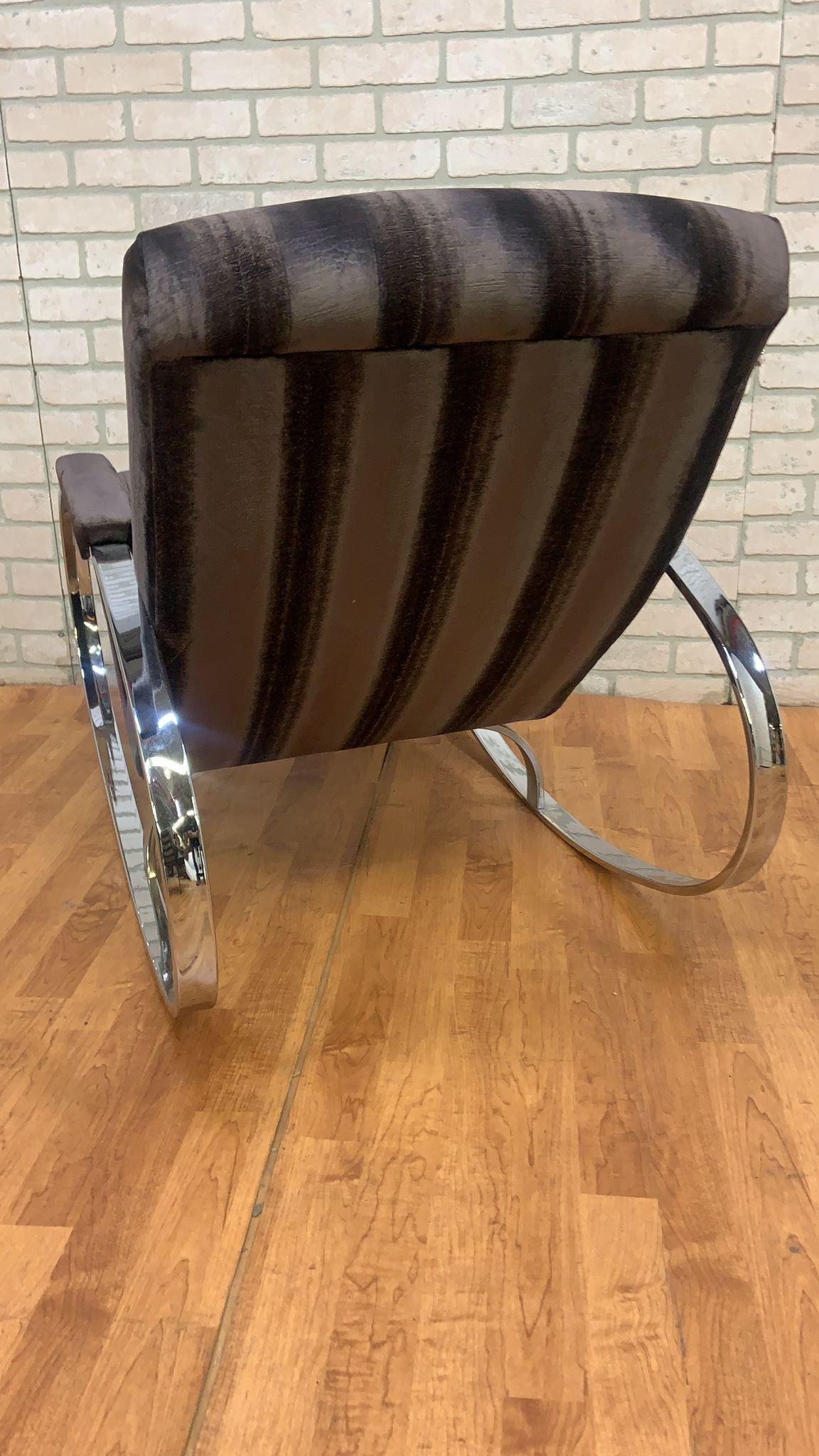 Mid-20th Century Midcentury Milo Baughman Chrome Flat Bar Oval Rocking Chair Newly Upholstered For Sale