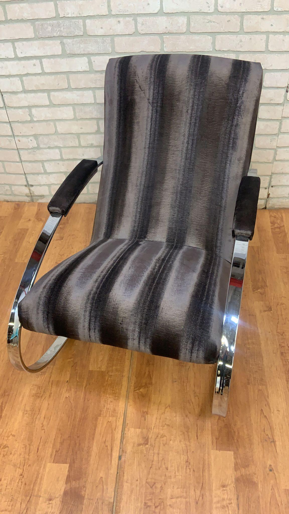 Mohair Midcentury Milo Baughman Chrome Flat Bar Oval Rocking Chair Newly Upholstered For Sale