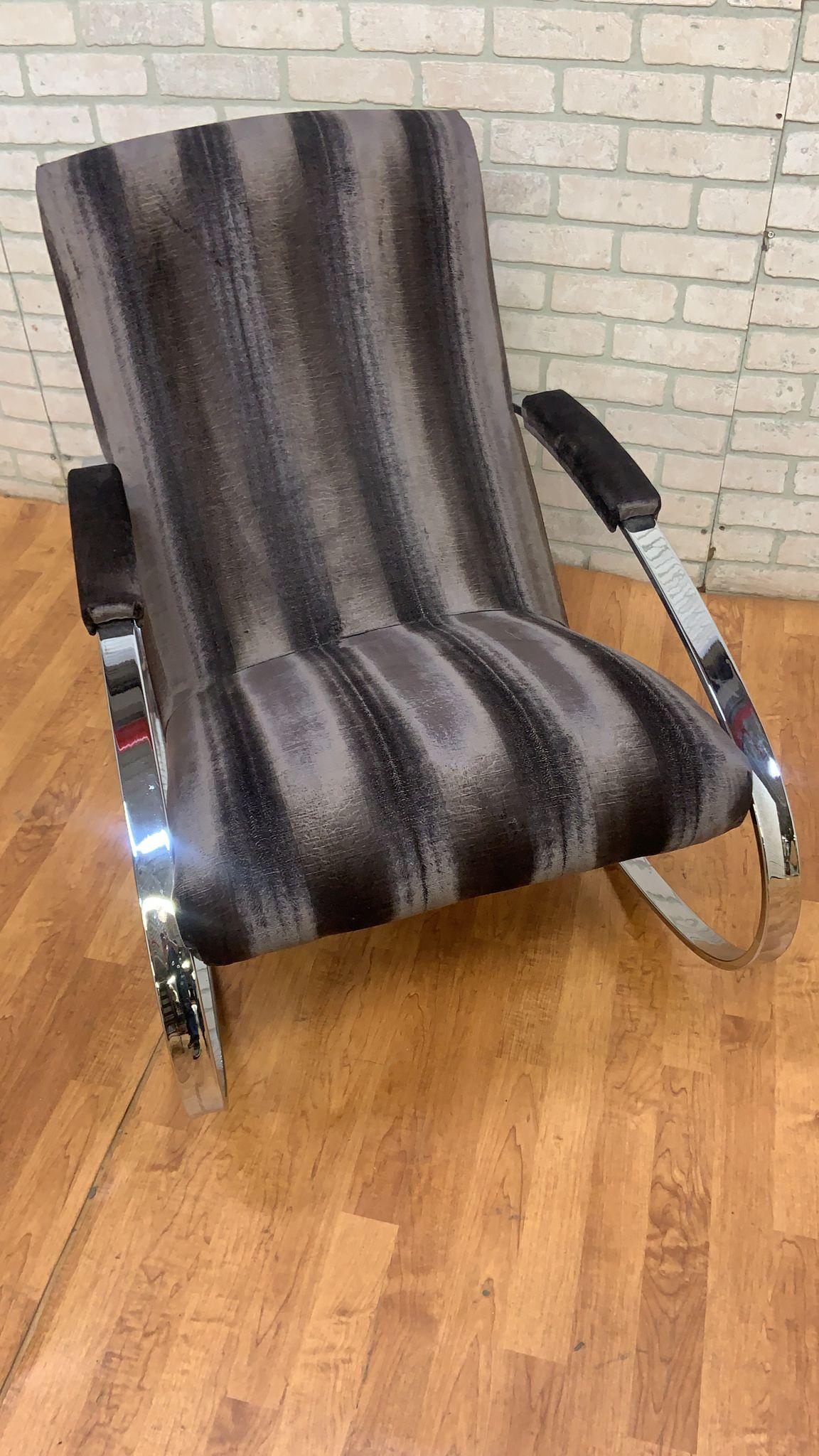 American Midcentury Milo Baughman Chrome Flat Bar Oval Rocking Chair Newly Upholstered For Sale