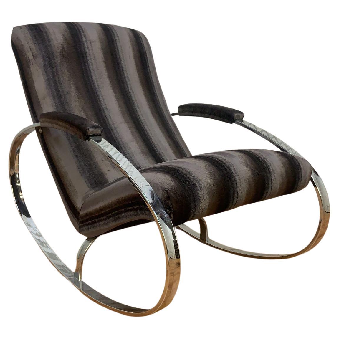 Midcentury Milo Baughman Chrome Flat Bar Oval Rocking Chair Newly Upholstered For Sale