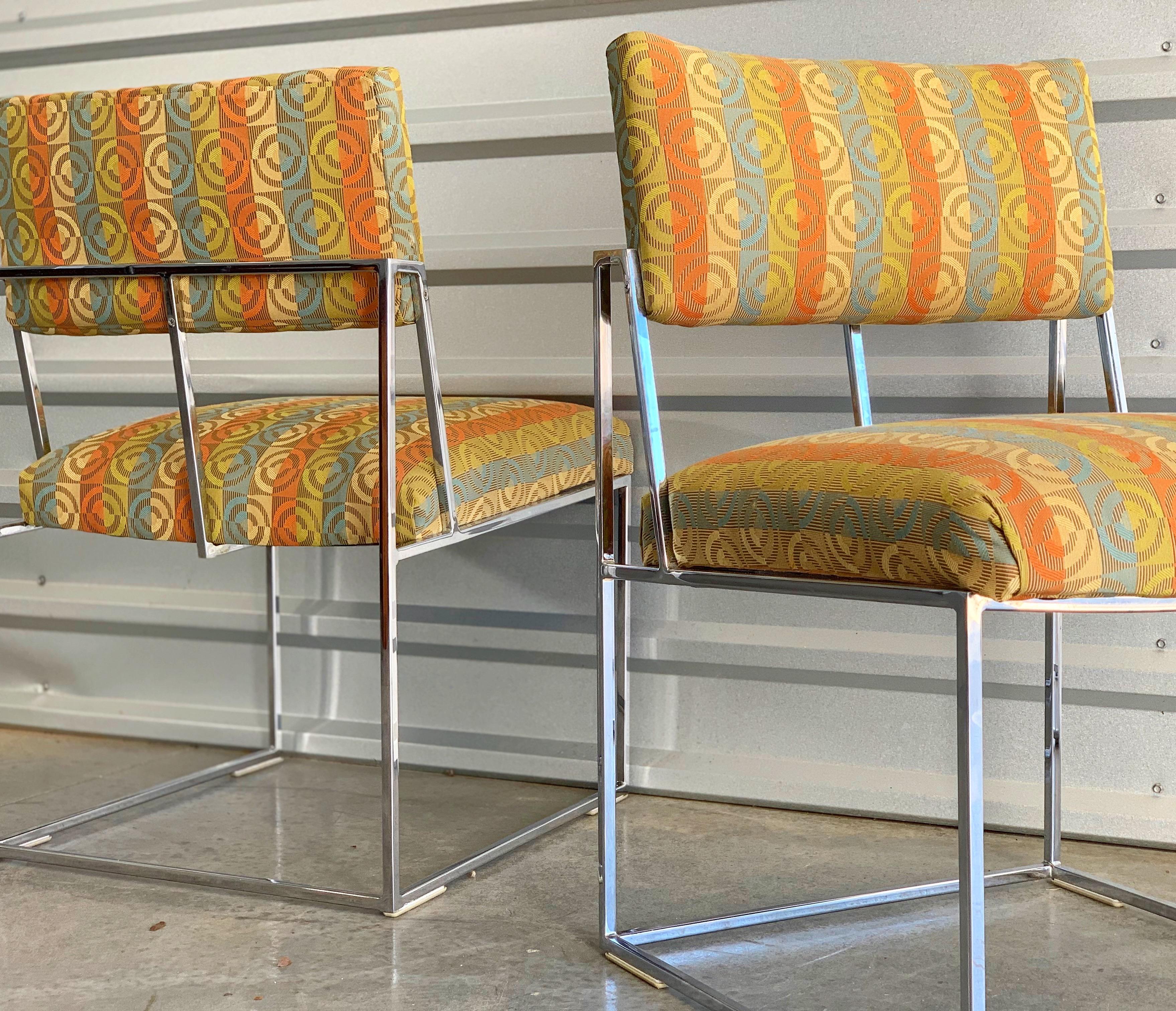 Set of 4 Mid-Century Modern dining chairs in chromed steel by Milo Baughman for Thayer Coggin. Model 1188-110, early circa 1970s. The model 1188 is rumored to be Baughman's favorite chair design of his career. Chrome frames are sound and show very