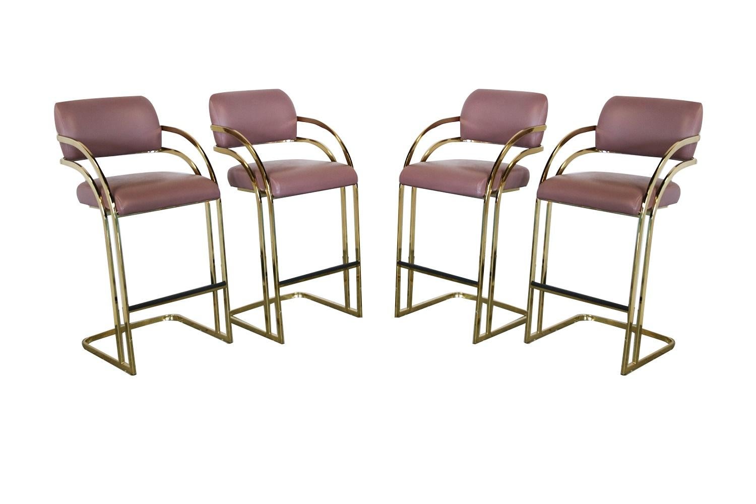 Faux Leather Midcentury Gold Brass Flat Bar Cantilever Stools by Arthur Umanoff