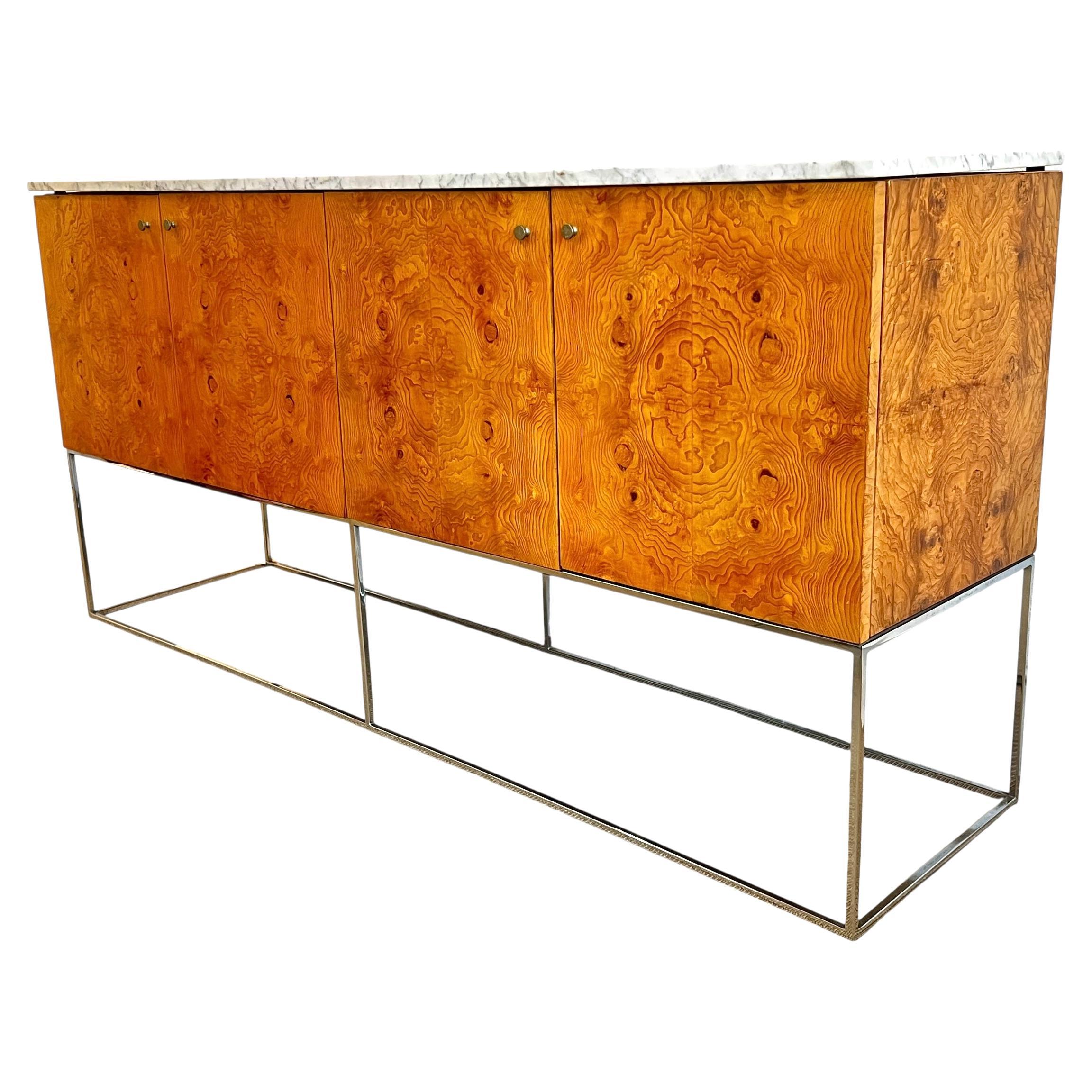 Credenza di metà secolo in marmo e legno di radica di Milo Baughman per Thayer Coggin