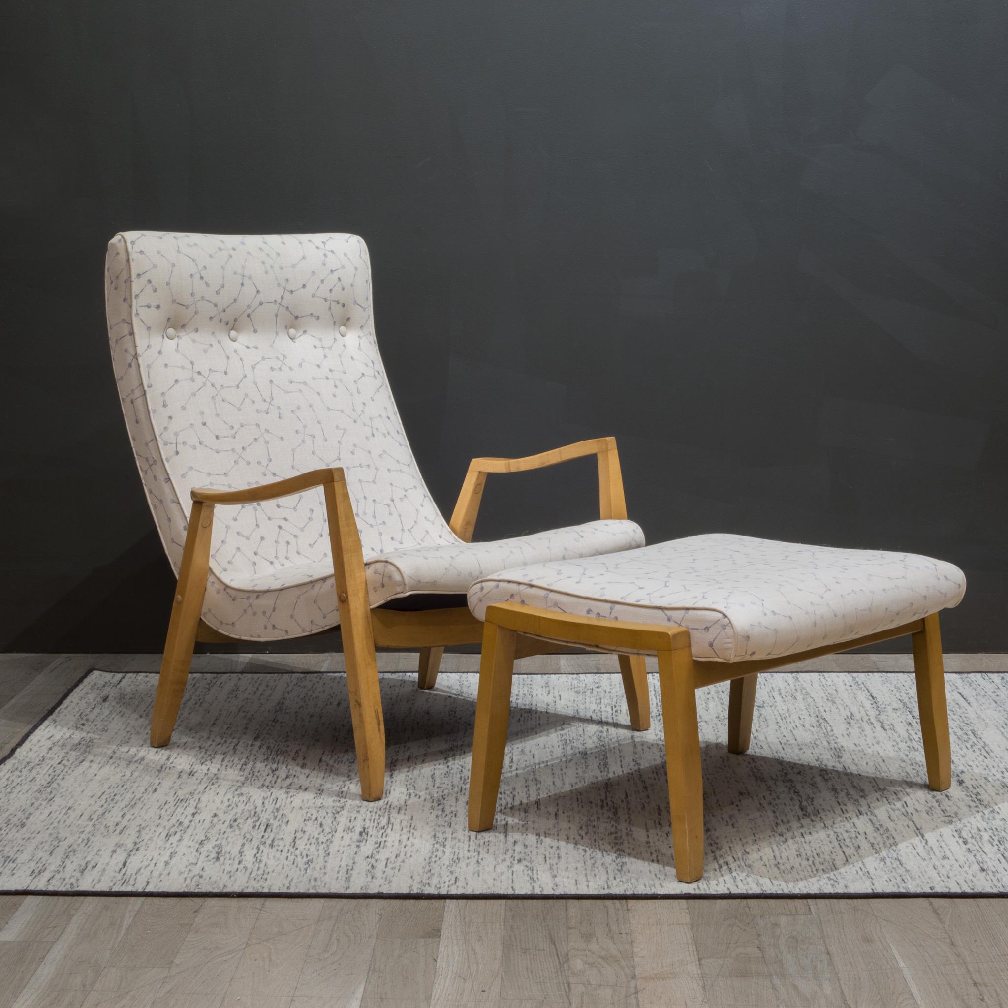 ABOUT

An original Milo Baughman Scoop chair and matching ottoman. Maple frame with tufted linen fabric in a molecular pattern. 

 CREATOR Milo Baughman.
 DATE OF MANUFACTURE c.1950-1960.
 MATERIALS AND TECHNIQUES Fabric, Maple.
 CONDITION Good.