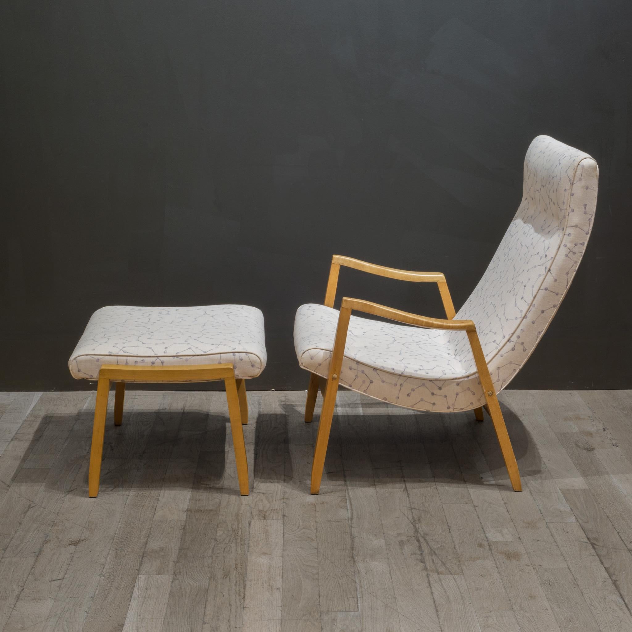 ABOUT

An original Milo Baughman Scoop chair and matching ottoman. Maple frame with tufted linen fabric in a molecular pattern. 

 CREATOR Milo Baughman.
 DATE OF MANUFACTURE c.1950-1960.
 MATERIALS AND TECHNIQUES Fabric, Maple.
 CONDITION Good.