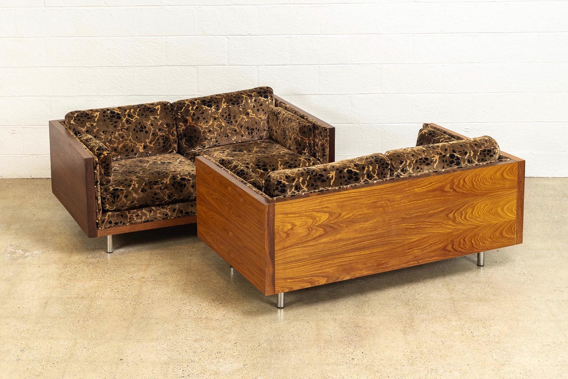 Late 20th Century Midcentury Milo Baughman Style Brown Rosewood Box Loveseat Sofas 1970s, a Pair