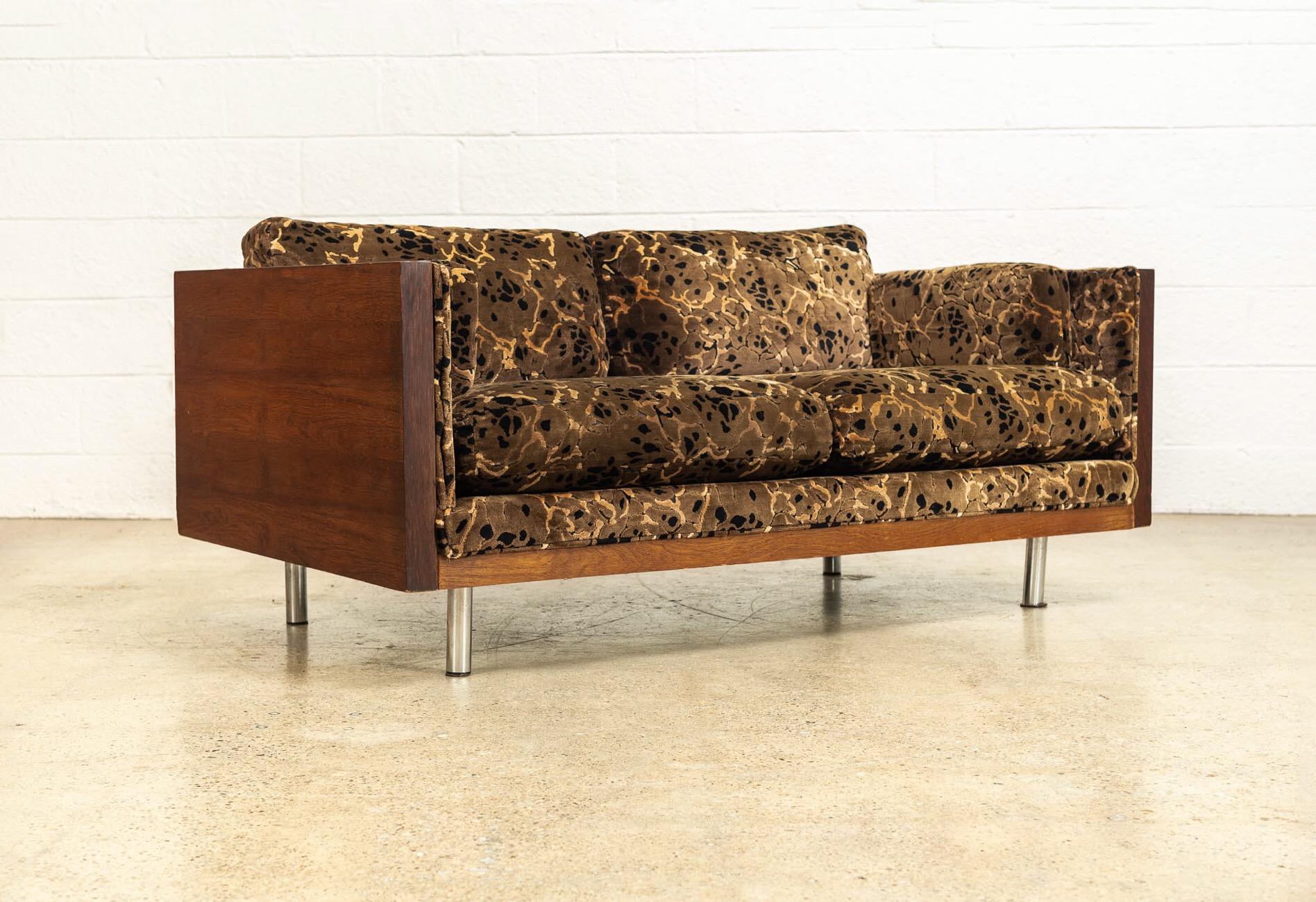 Upholstery Midcentury Milo Baughman Style Brown Rosewood Box Loveseat Sofas 1970s, a Pair