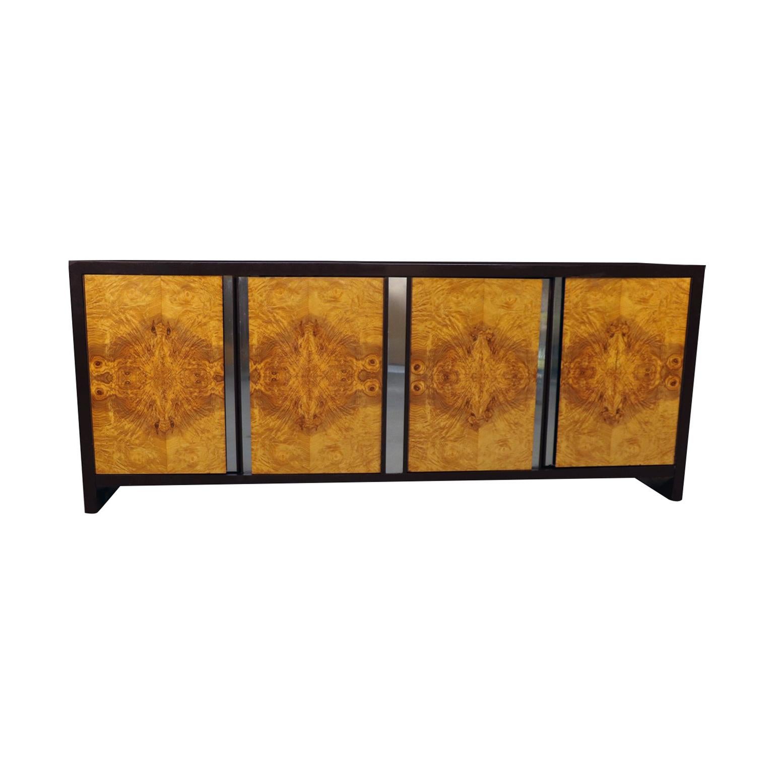 Handsome, richly grained burl wood, Mid-Century Modern, 4-door dresser, attributed to Milo Baughman, circa 1970s. Expertly crafted, this absolute jewel remains in clean vintage condition. Features a chocolate brown frame and top, above a pair of