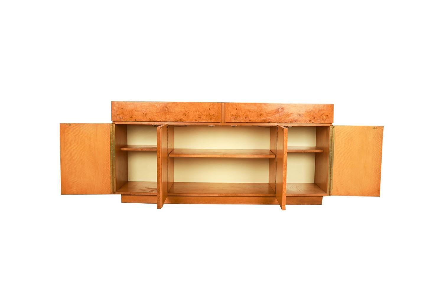 Late 20th Century Mid-Century Milo Baughman Style Burl Wood Sideboard Credenza Bar Cabinet For Sale