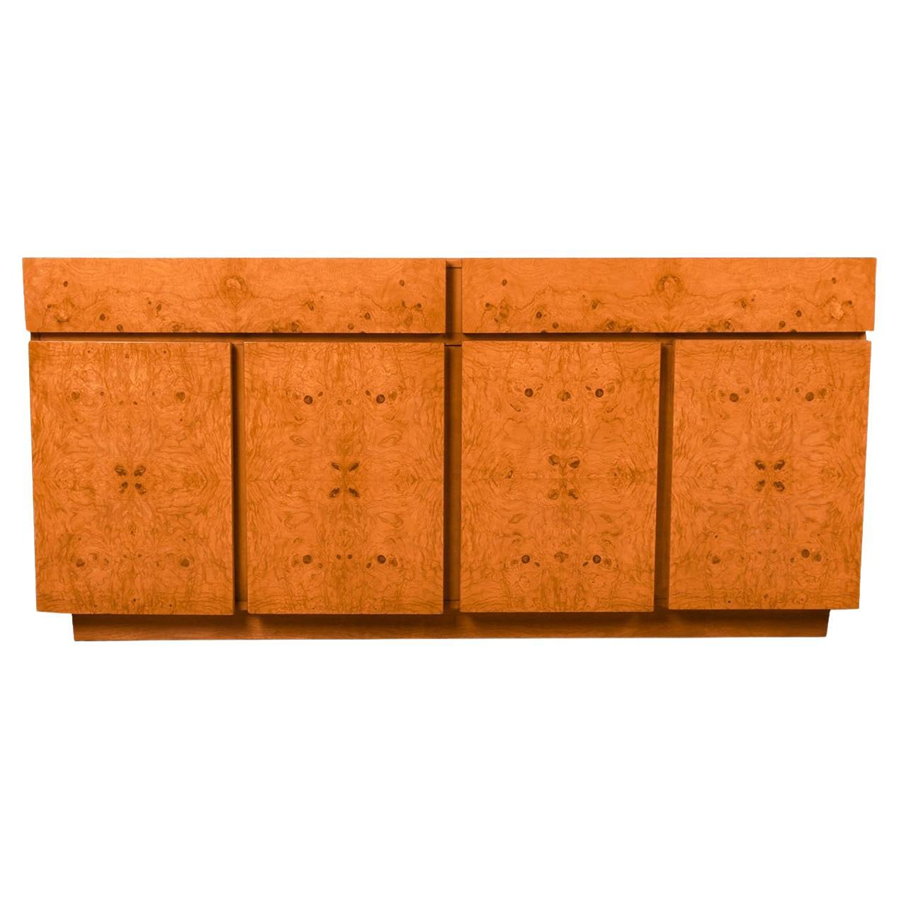 Mid-Century Milo Baughman Style Burl Wood Sideboard Credenza Bar Cabinet For Sale
