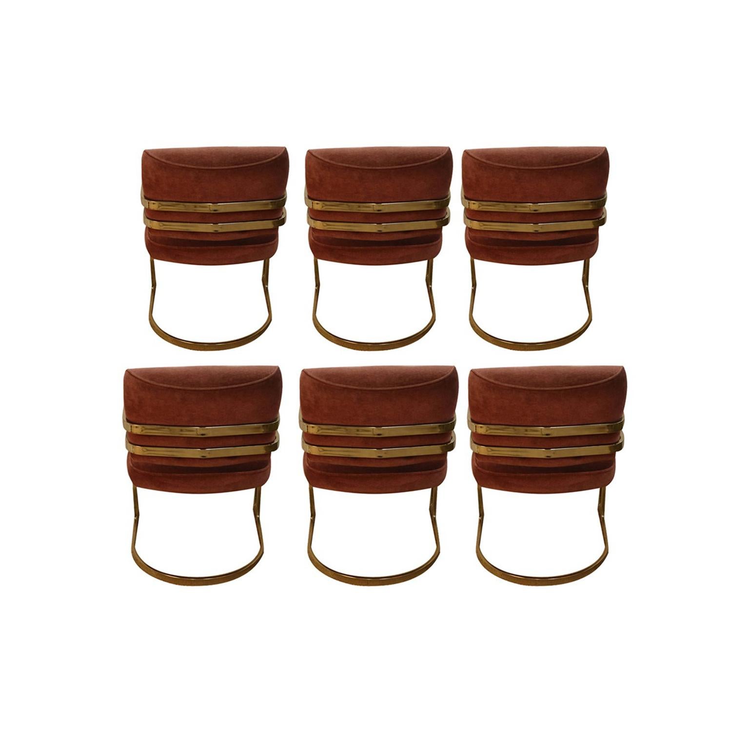 Stunning attractive set of six brass cantilever dining or side chairs attributed to Milo Baughman are of mid-century form, sophisticated and elegant with soft padded back over sculptural cantilevered “curved shape” double banded bases, in a