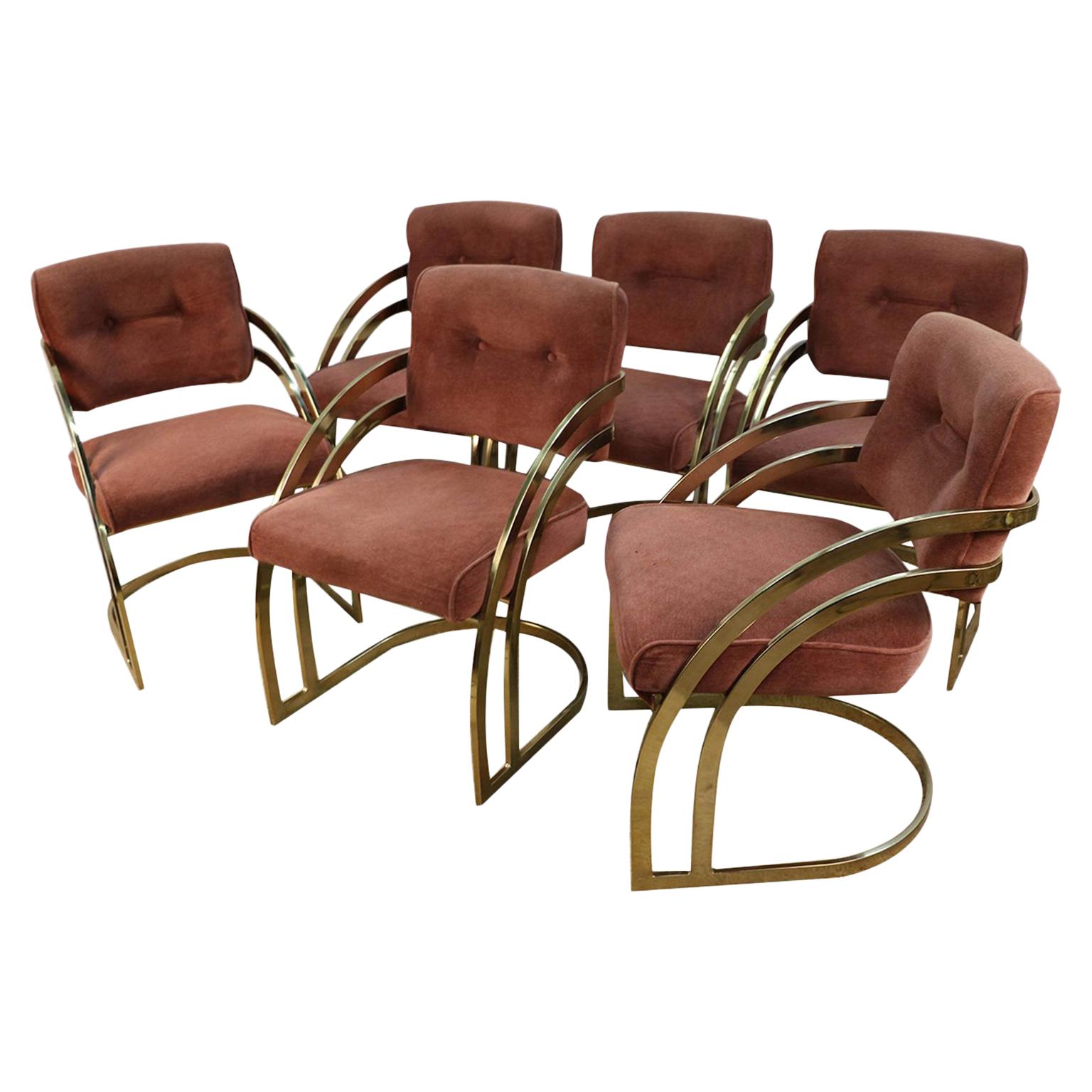 Midcentury Milo Baughman Style Cantilever Brass Dining Side Chairs