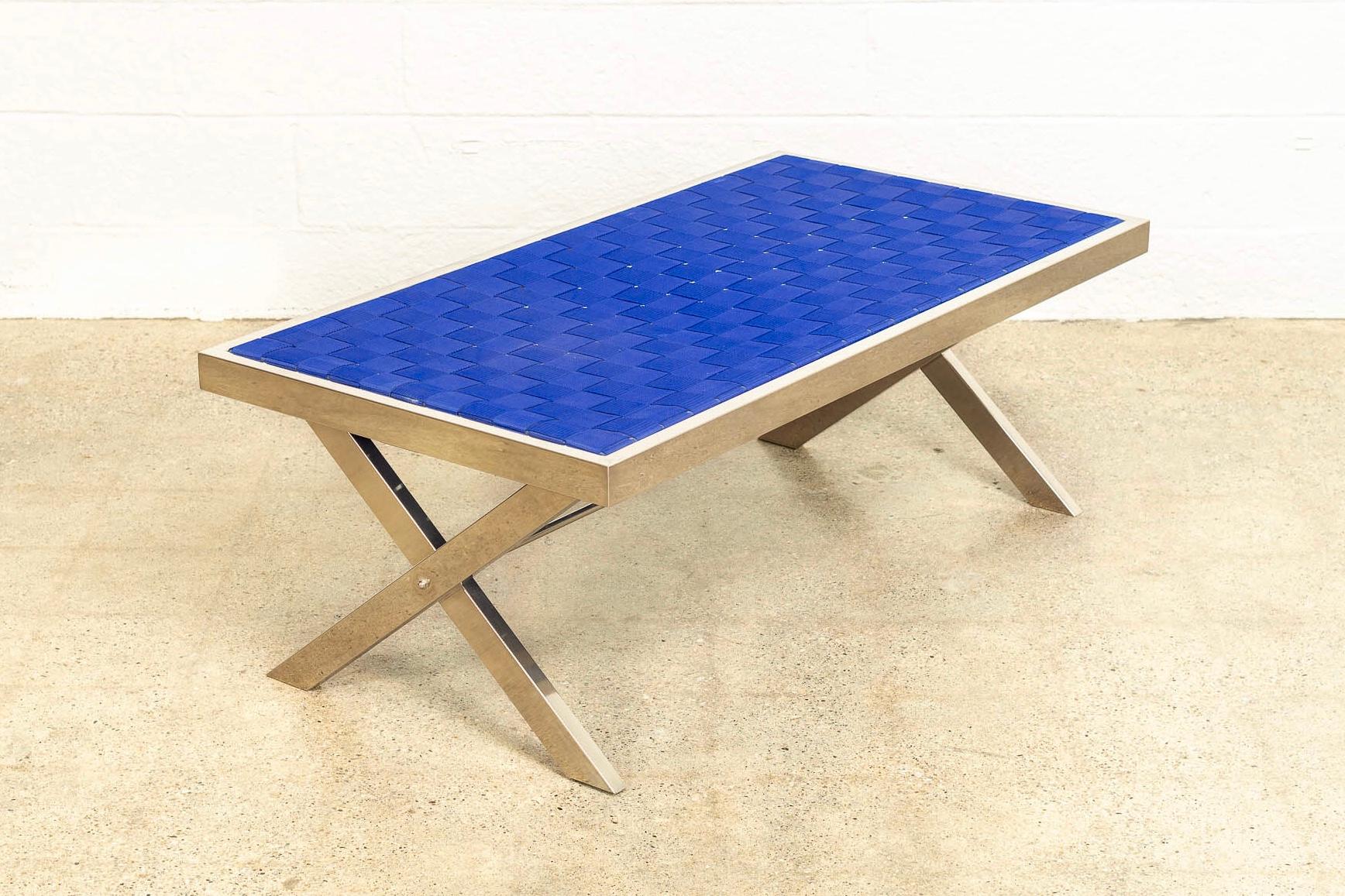 Midcentury Milo Baughman Style Chrome and Blue Strap Bench or Coffee Table In Good Condition For Sale In Detroit, MI