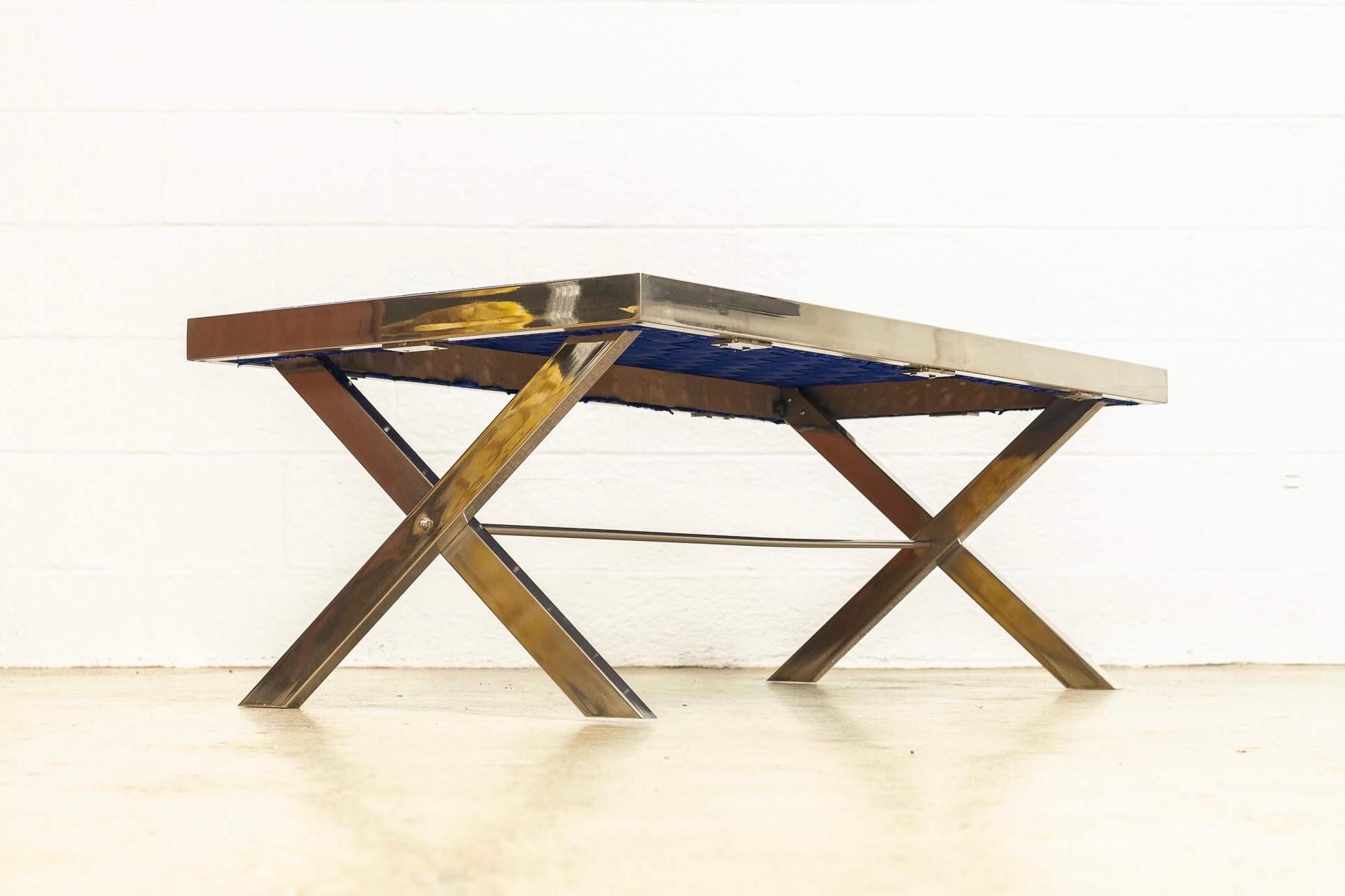 Nylon Midcentury Milo Baughman Style Chrome and Blue Strap Bench or Coffee Table For Sale