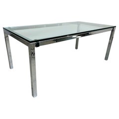 Mid-Century Milo Baughman Style Chrome And Glass Top Dining Table By Tri-Mark