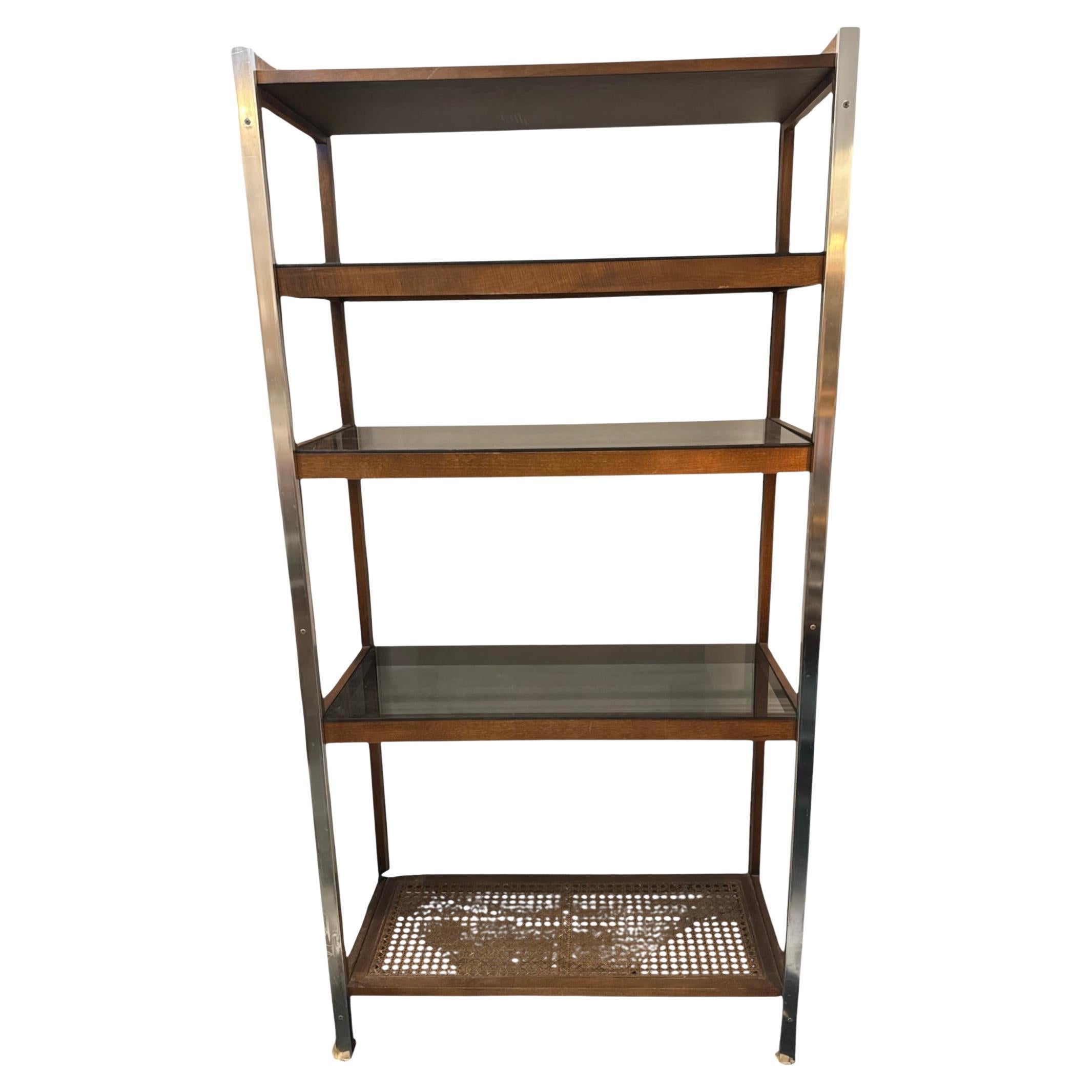 Mid-Century Milo Baughman Style Chrome and Wood Bookcase