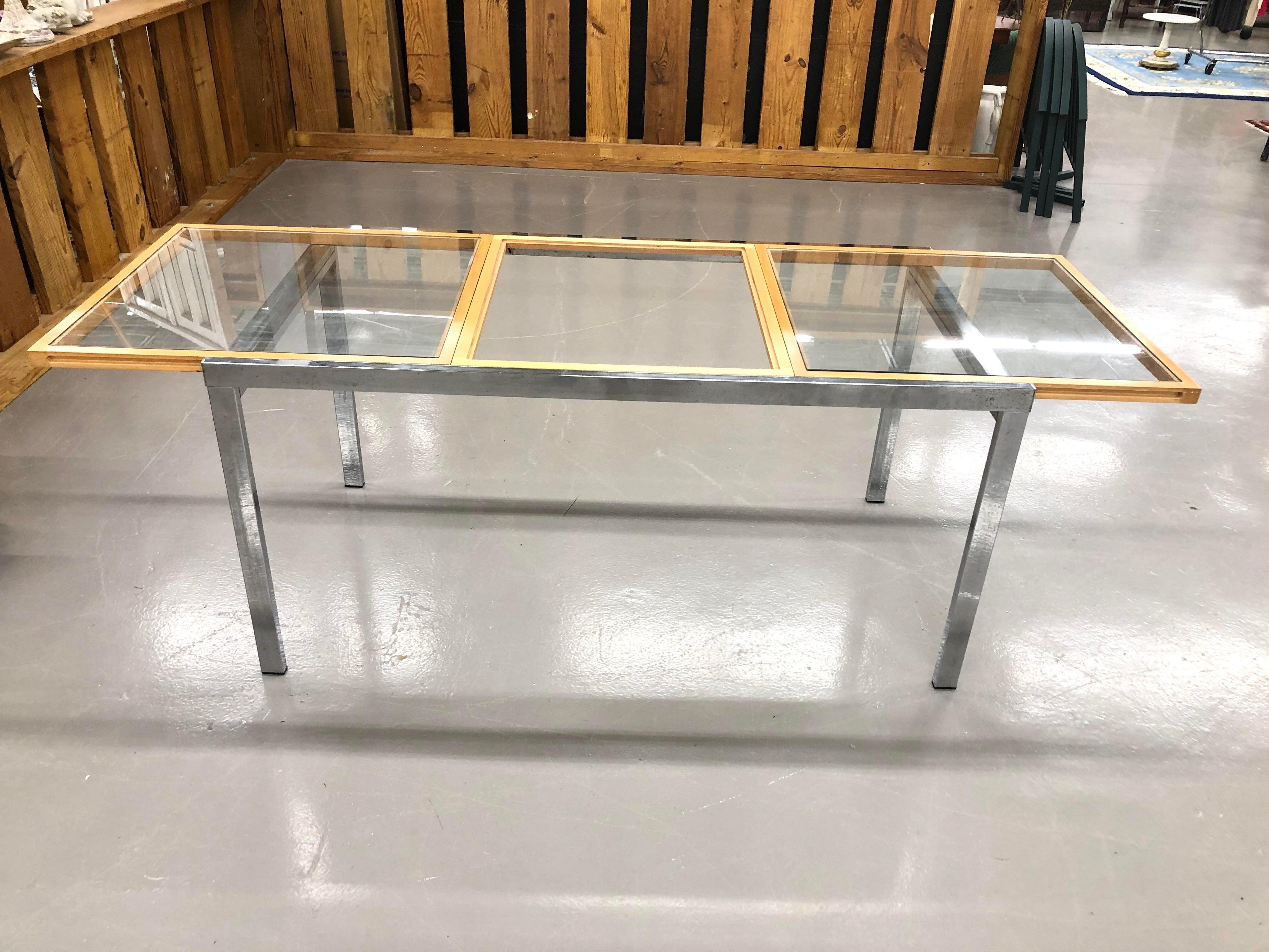 Mid-Century Milo Baughman Style Glass Top Chrome Extension Dining Table For Sale 3