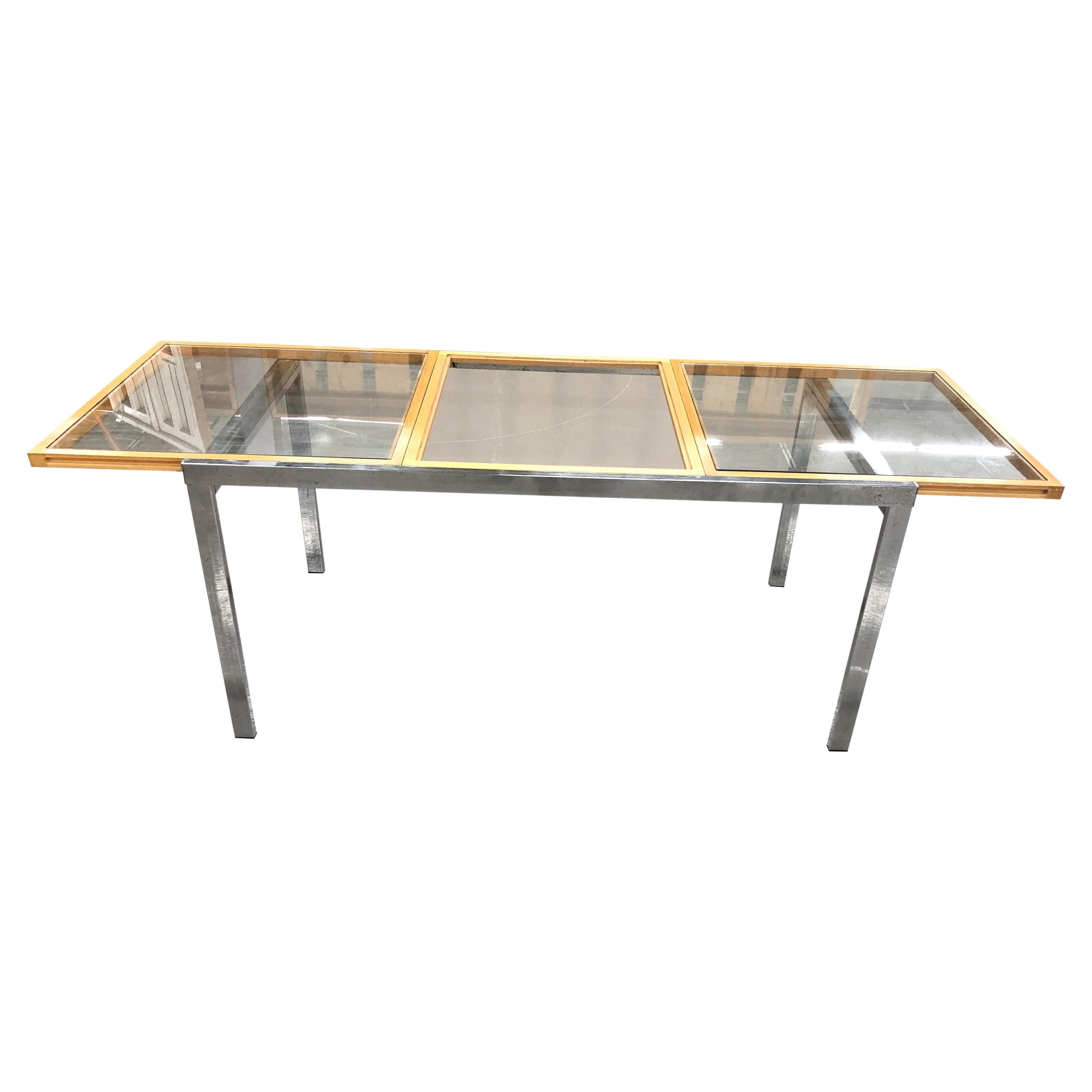 Mid-Century Milo Baughman Style Glass Top Chrome Extension Dining Table For Sale