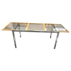 Mid-Century Milo Baughman Style Glass Top Chrome Extension Dining Table
