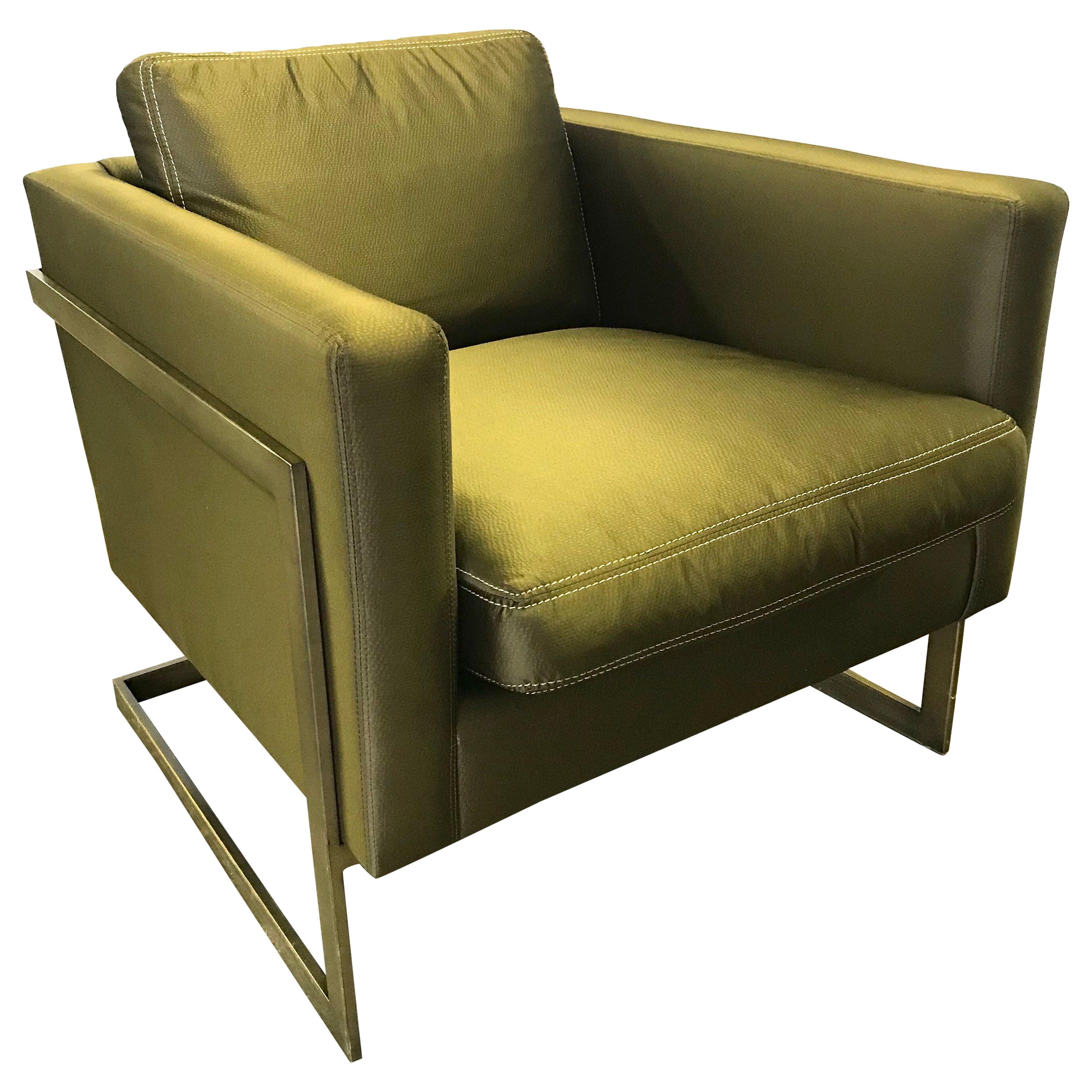 Mid-Century Milo Baughman Style Olive Silk Cantilevered Lounge Chair