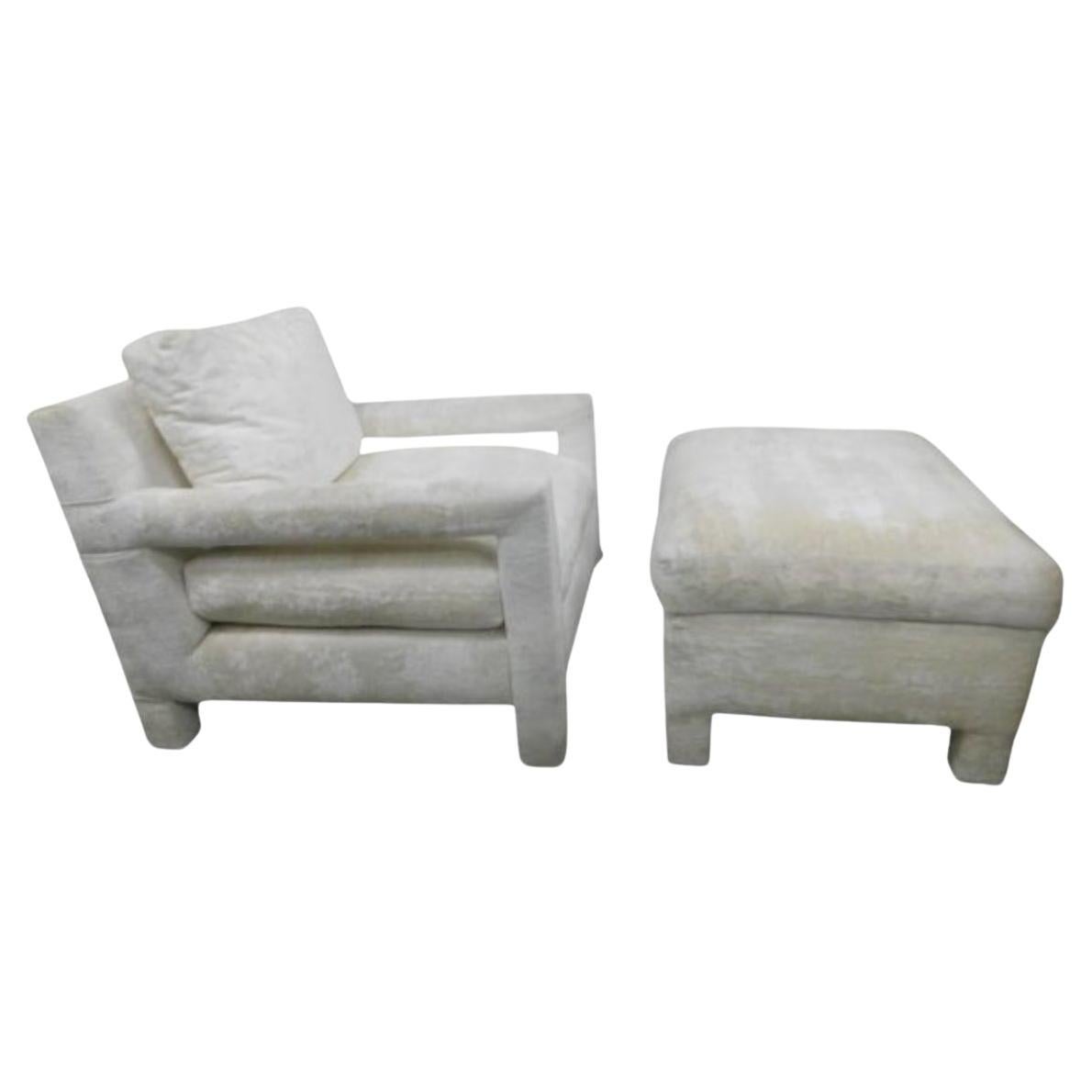 Mid-Century Modern Mid Century Milo Baughman Style Parson Chair Ottoman White Crushed velvet  For Sale