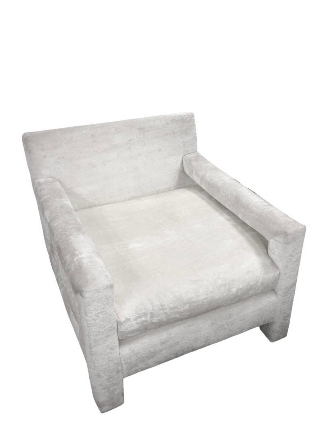 American Mid Century Milo Baughman Style Parson Chair Ottoman White Crushed velvet