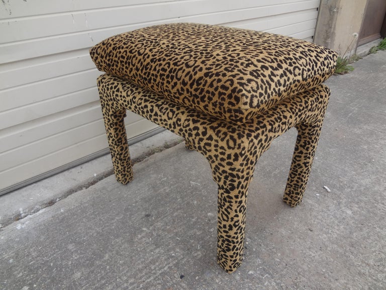 Midcentury Milo Baughman Style Parsons Leopard Print Ottoman For Sale