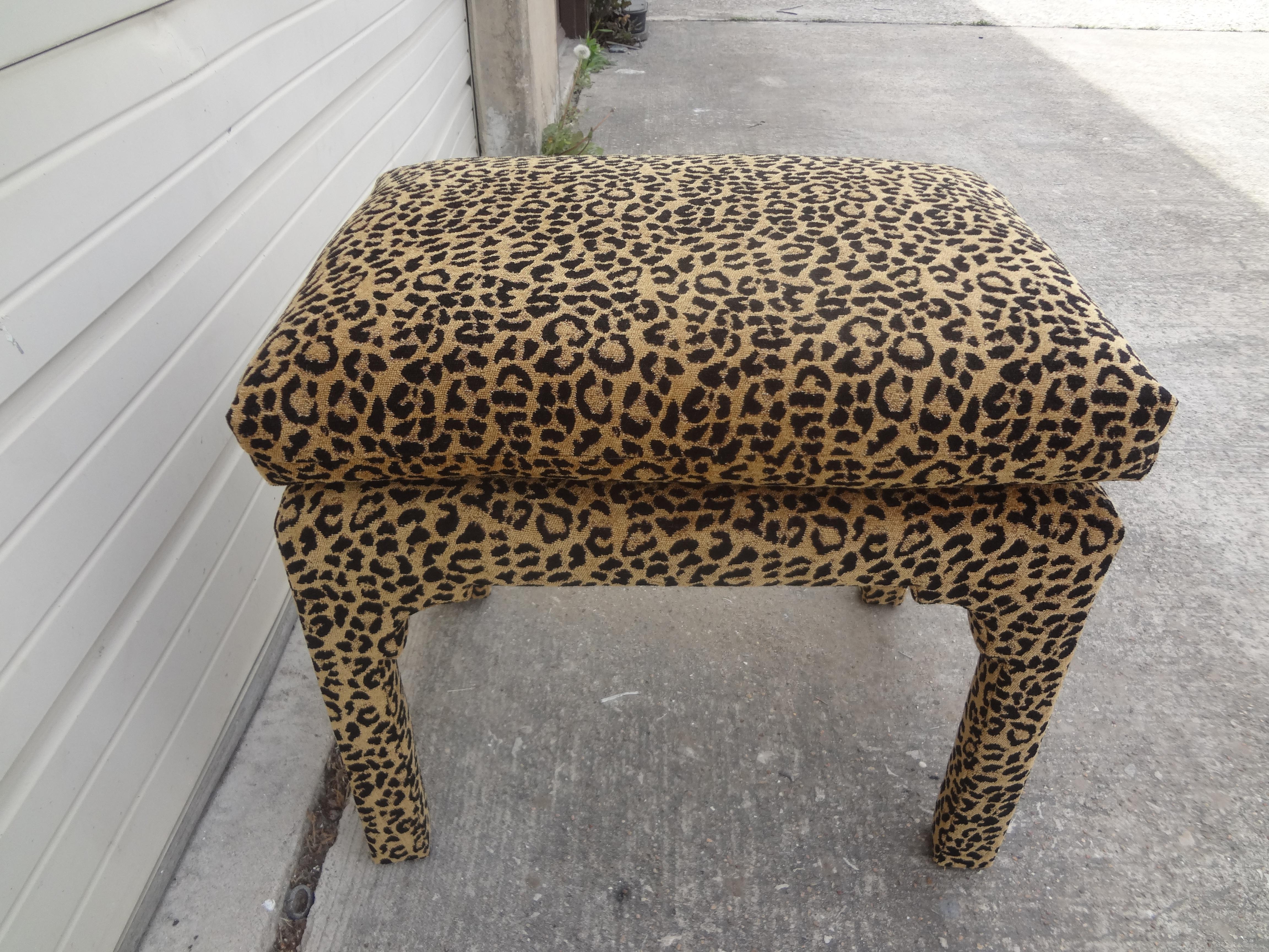 Late 20th Century Midcentury Milo Baughman Style Parsons Leopard Print Ottoman For Sale