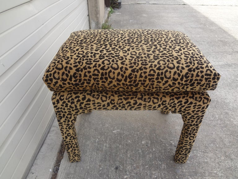 Midcentury Milo Baughman Style Parsons Leopard Print Ottoman For Sale