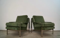Mid-Century Milo Baughman Style Polished Nickel & Mohair Lounge Chairs - a Pair