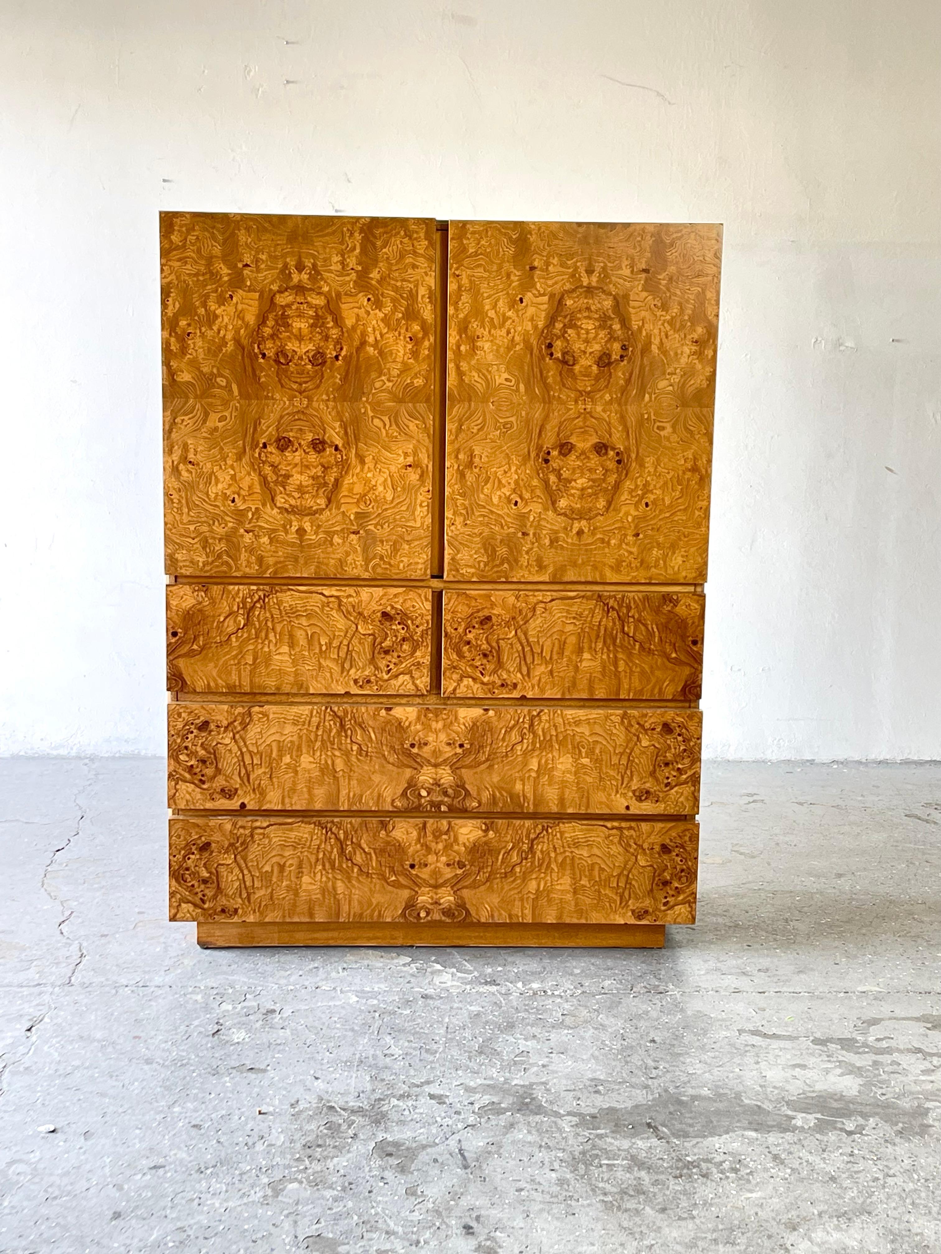 1970s Mid-Century Modern Roland Carter for Lane Burl Wood Armoire.
Absolutely gorgeous1970s burl-wood dresser. Originally designed by Roland Carter for Lane Furniture, this 