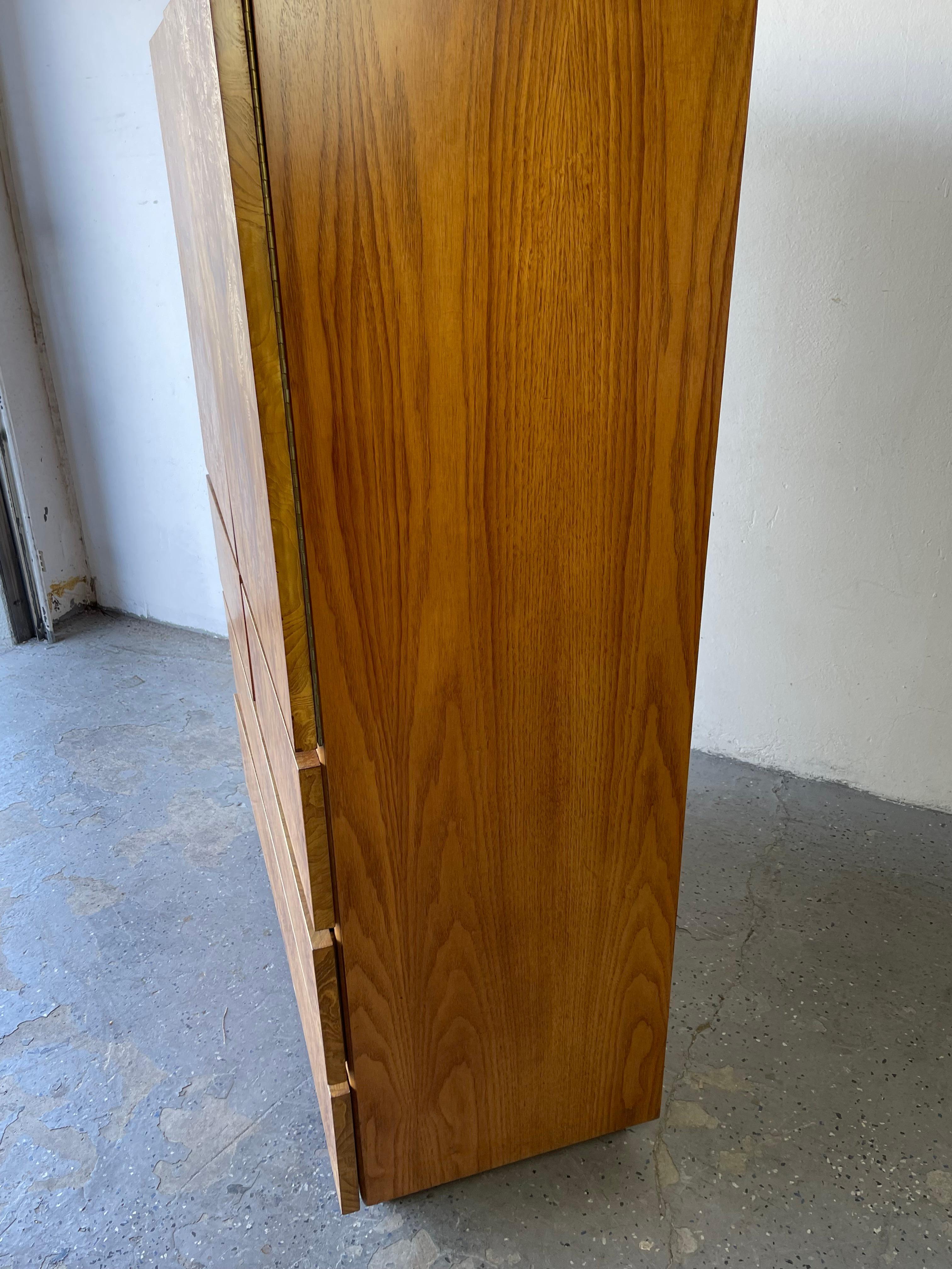 Midcentury Milo Baughman Style Roland Carter for Lane Burl Wood Highboy Armoire In Good Condition In Las Vegas, NV