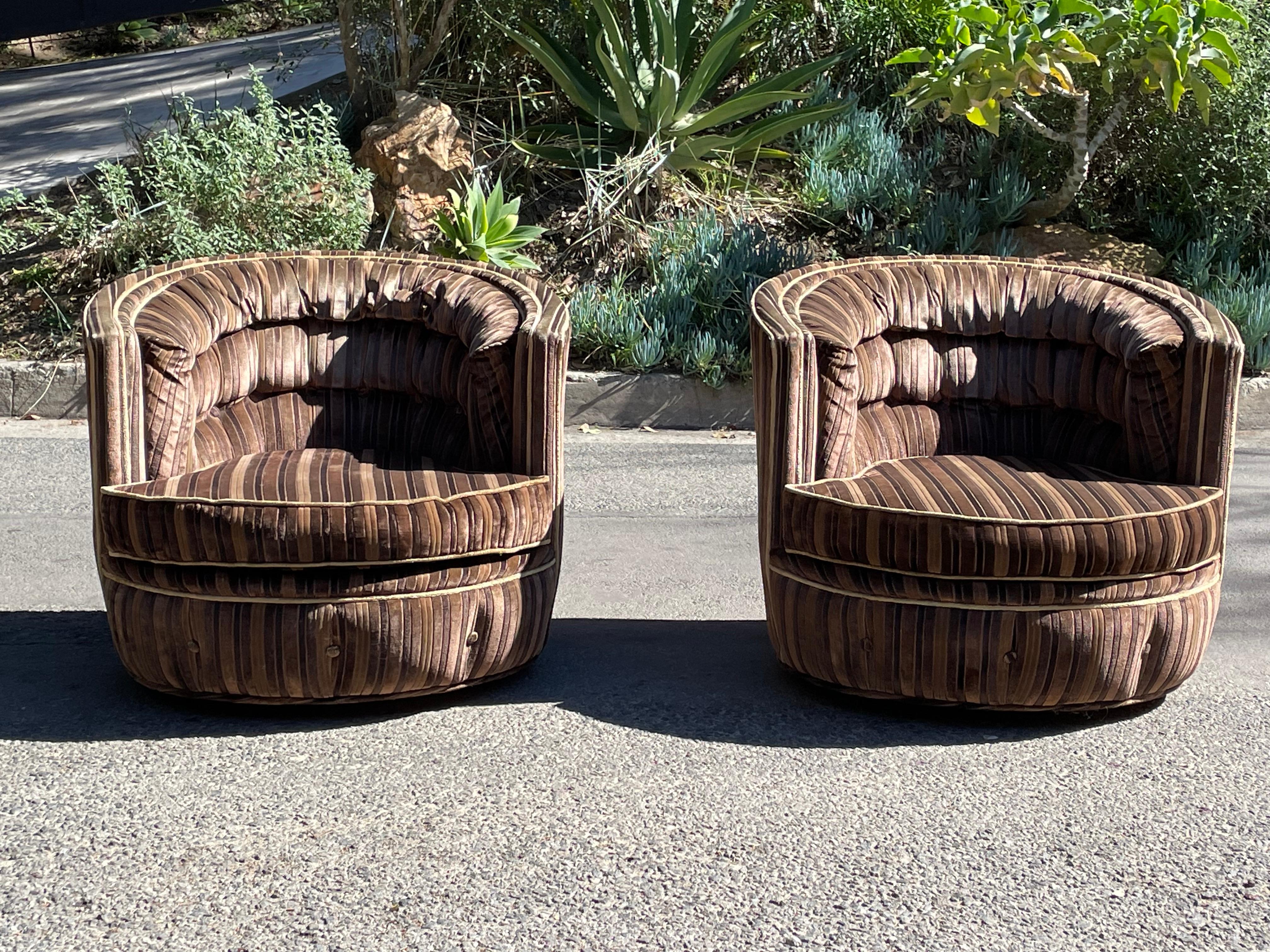 American Midcentury Milo Baughman Velvet Swivel Chairs, circa 1960s