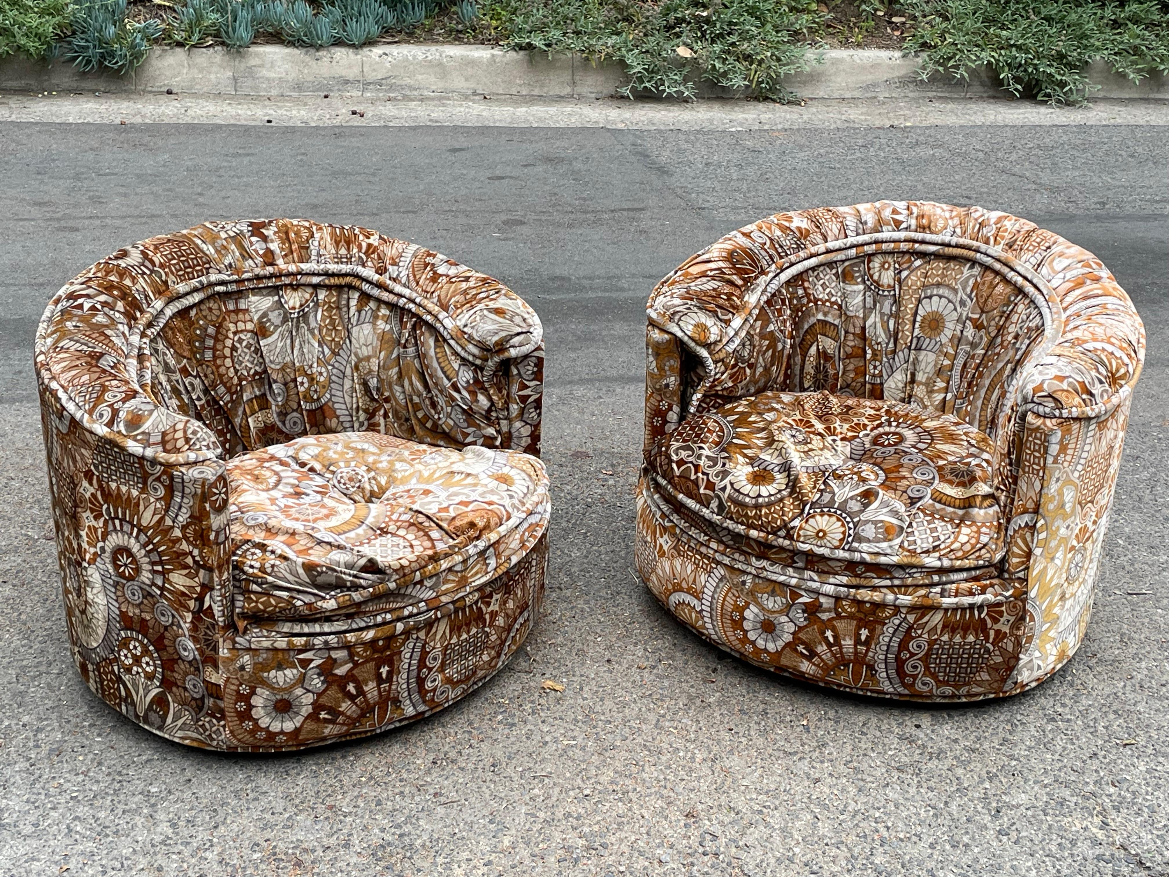 Pair of gorgeous vintage 1960s velvet swivel chairs attributed to Milo Baughman. Original velvet fabric. Very Jack Lenor Larsen feel.

These chairs are the sixties incarnate. Great design. We're currently pairing these chairs with a Massimo