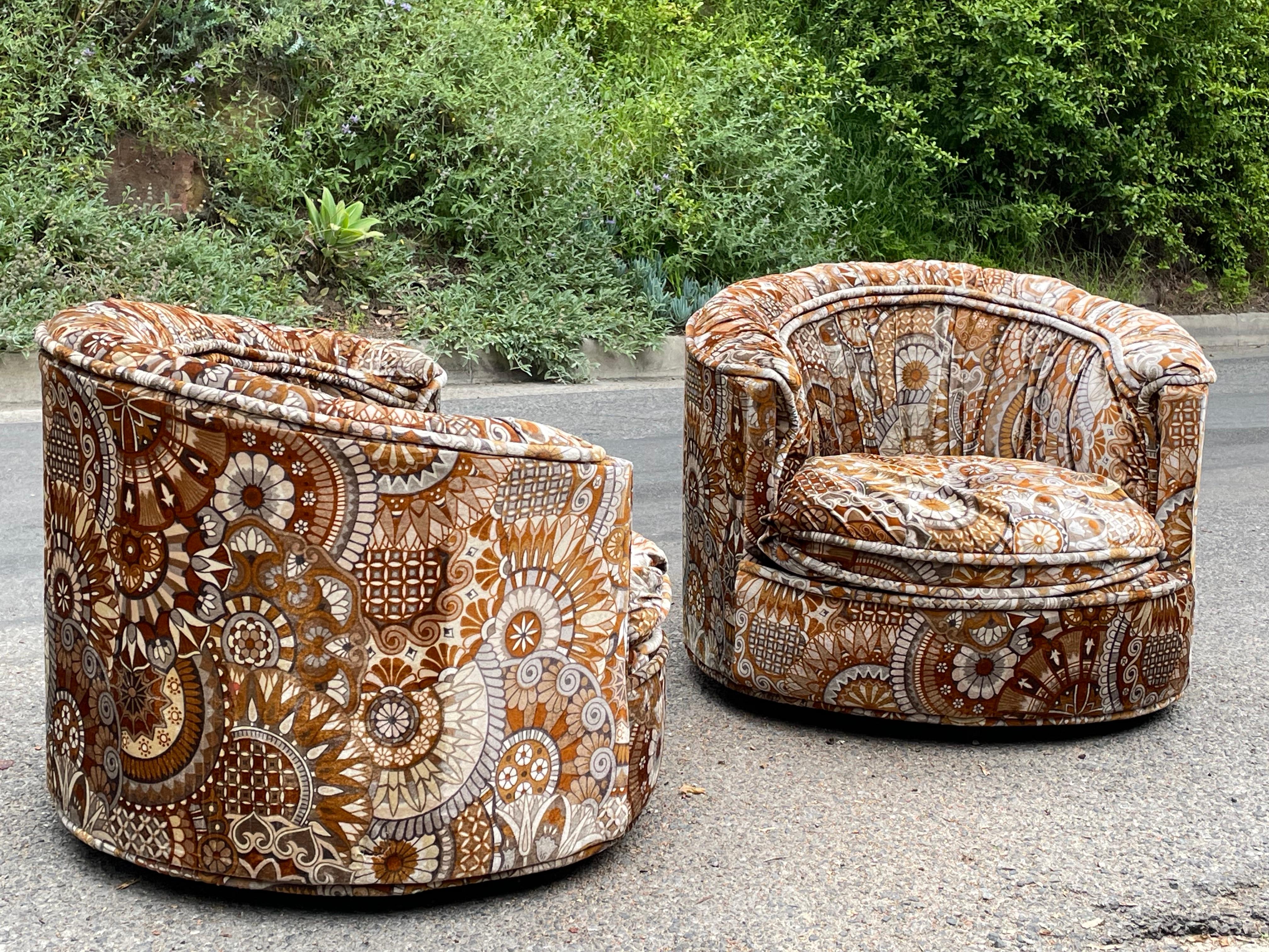 Mid-Century Milo Baughman Velvet Swivel Chairs with Jack Lenor Larsen Fabric In Good Condition In Los Angeles, CA