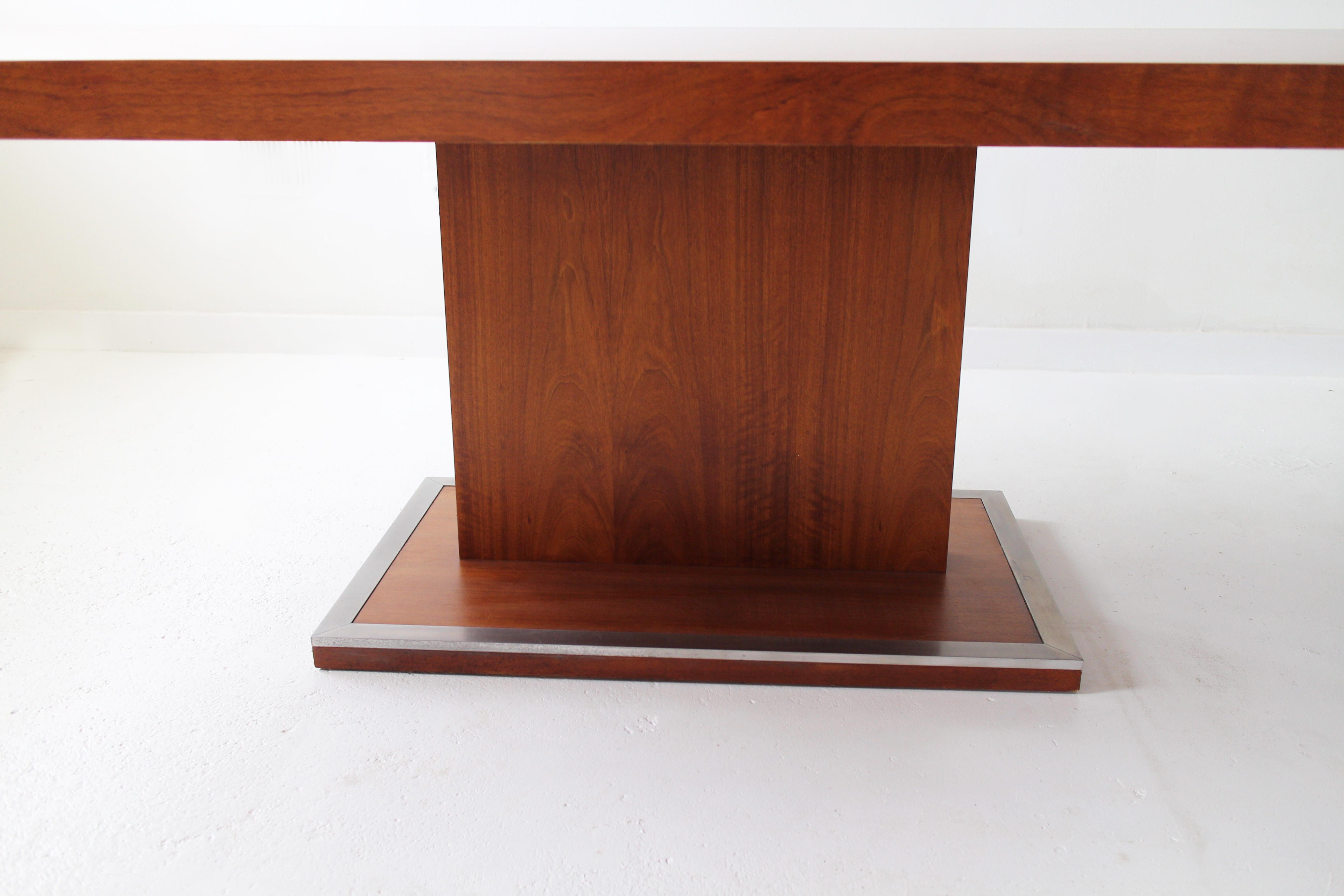 Metal Mid-Century Milo Baughman Walnut Extension Pedestal Dining Table for Founders