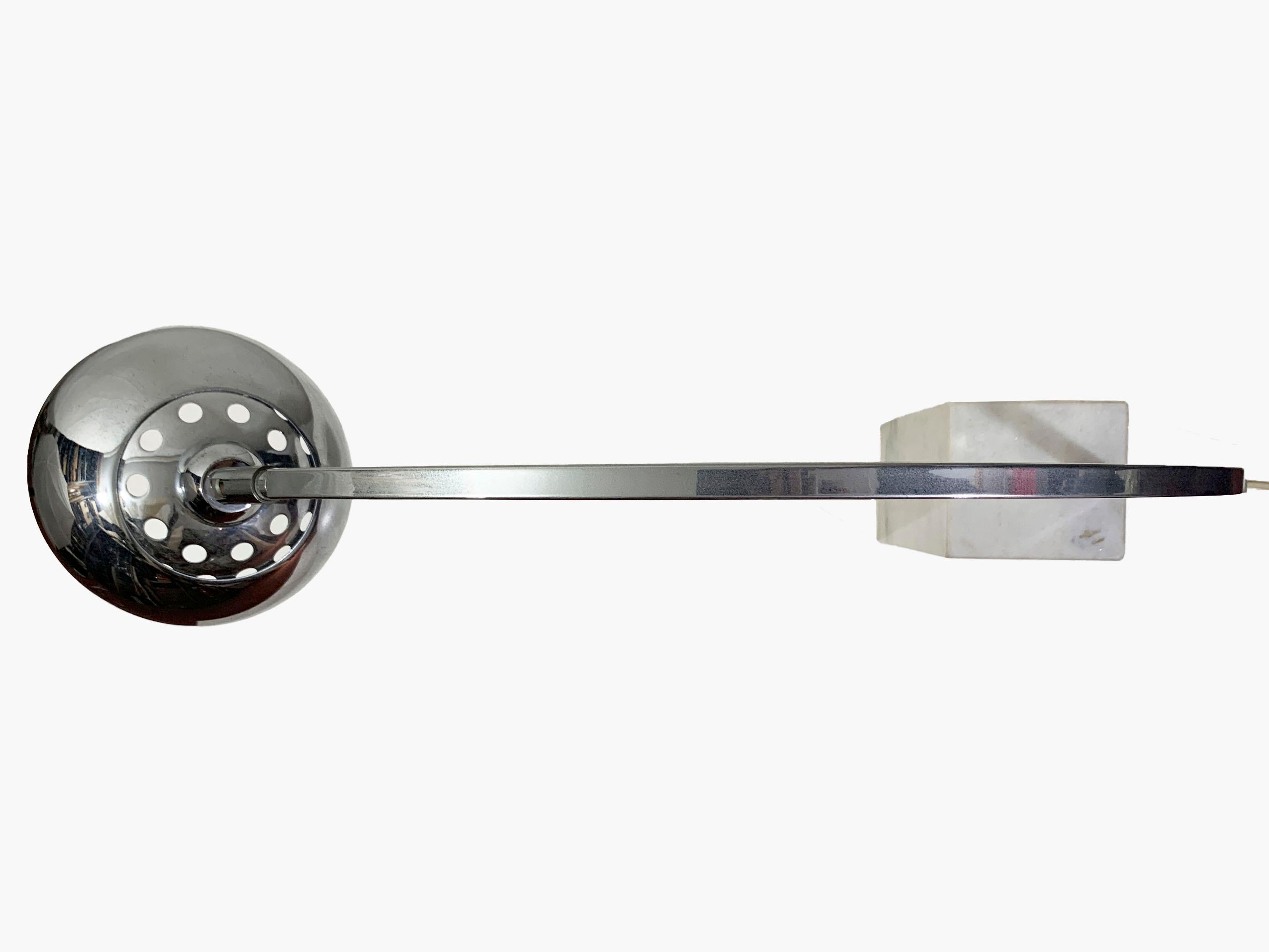 Discover a stunning and rare miniature rendition of the iconic Italian Arco floor lamp, originally crafted by the visionary Castiglioni brothers. This exquisite piece features a sleek chrome arc and shade complemented by a polished, beveled Carrara