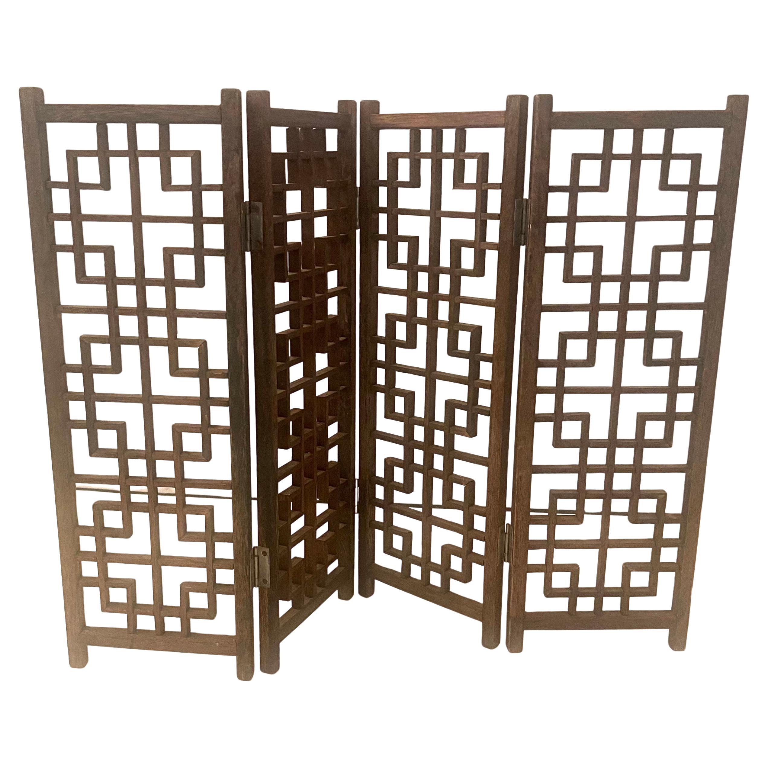 Mid-Century Modern Mid Century Mini Four Panel Teak Folding Screen with Square Lattice Design For Sale
