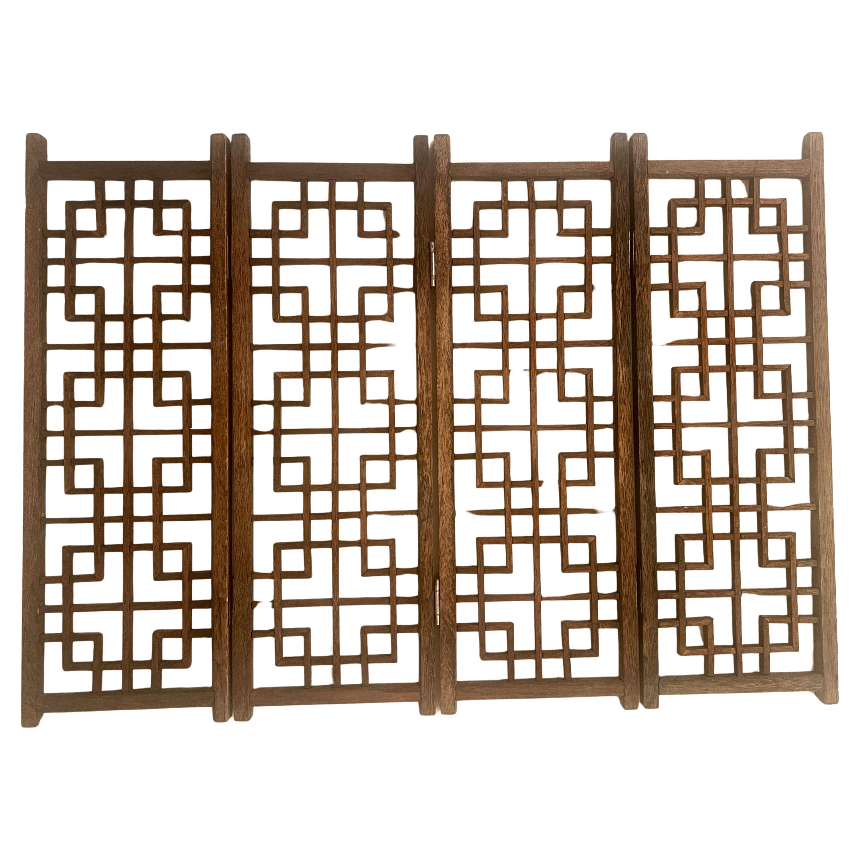 Thai Mid Century Mini Four Panel Teak Folding Screen with Square Lattice Design For Sale