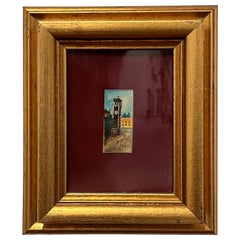 Mid Century Miniature Painting on Ivory Piano Key Clock Tower Italy Lauro