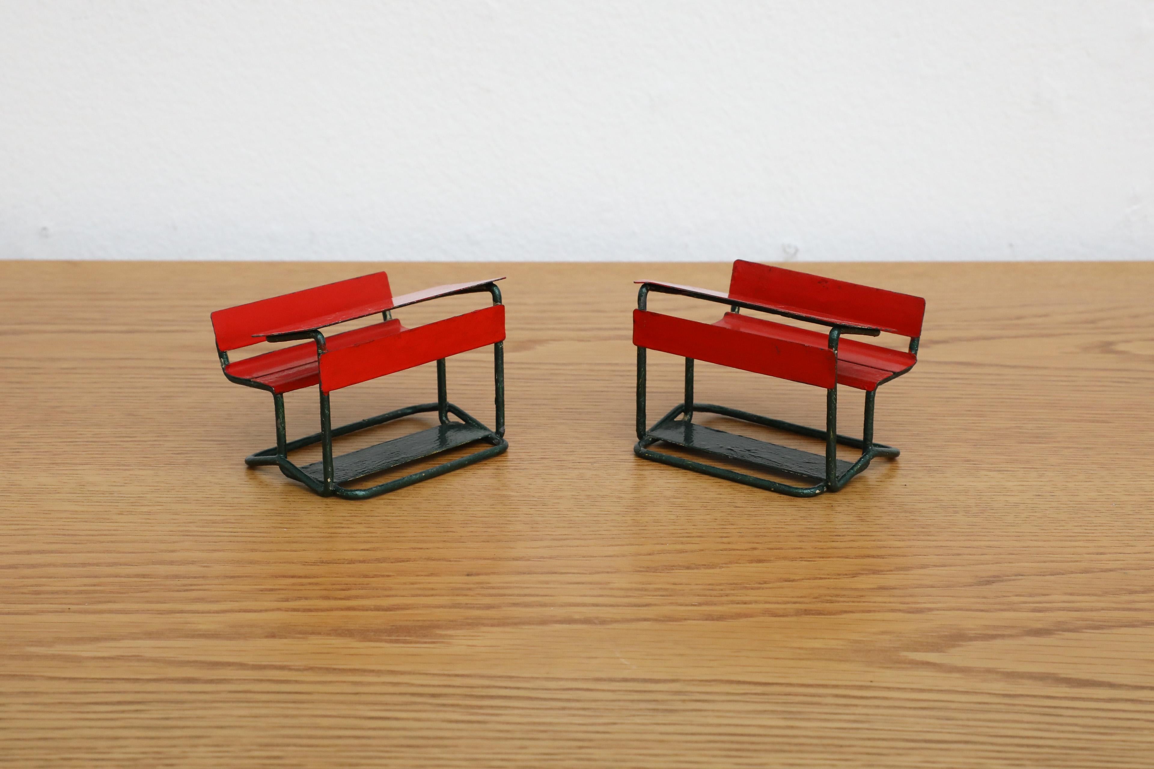 Enameled Mid-Century Miniature School Desks in Red and Black Painted Metal For Sale